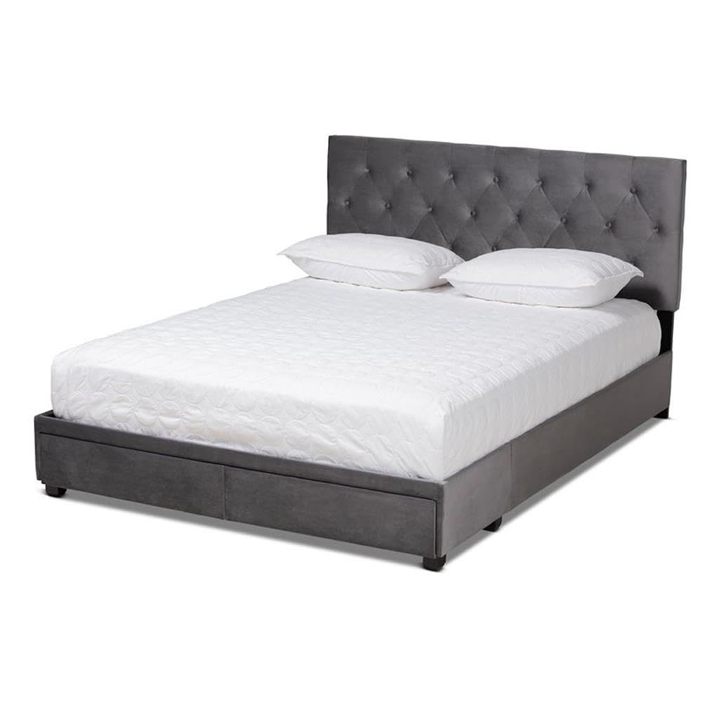 Baxton Studio Caronia Modern Grey Velvet Queen Platform Storage Bed with 2 Drawers - Contemporary Bedroom Furniture for Small Spaces & Guest Rooms