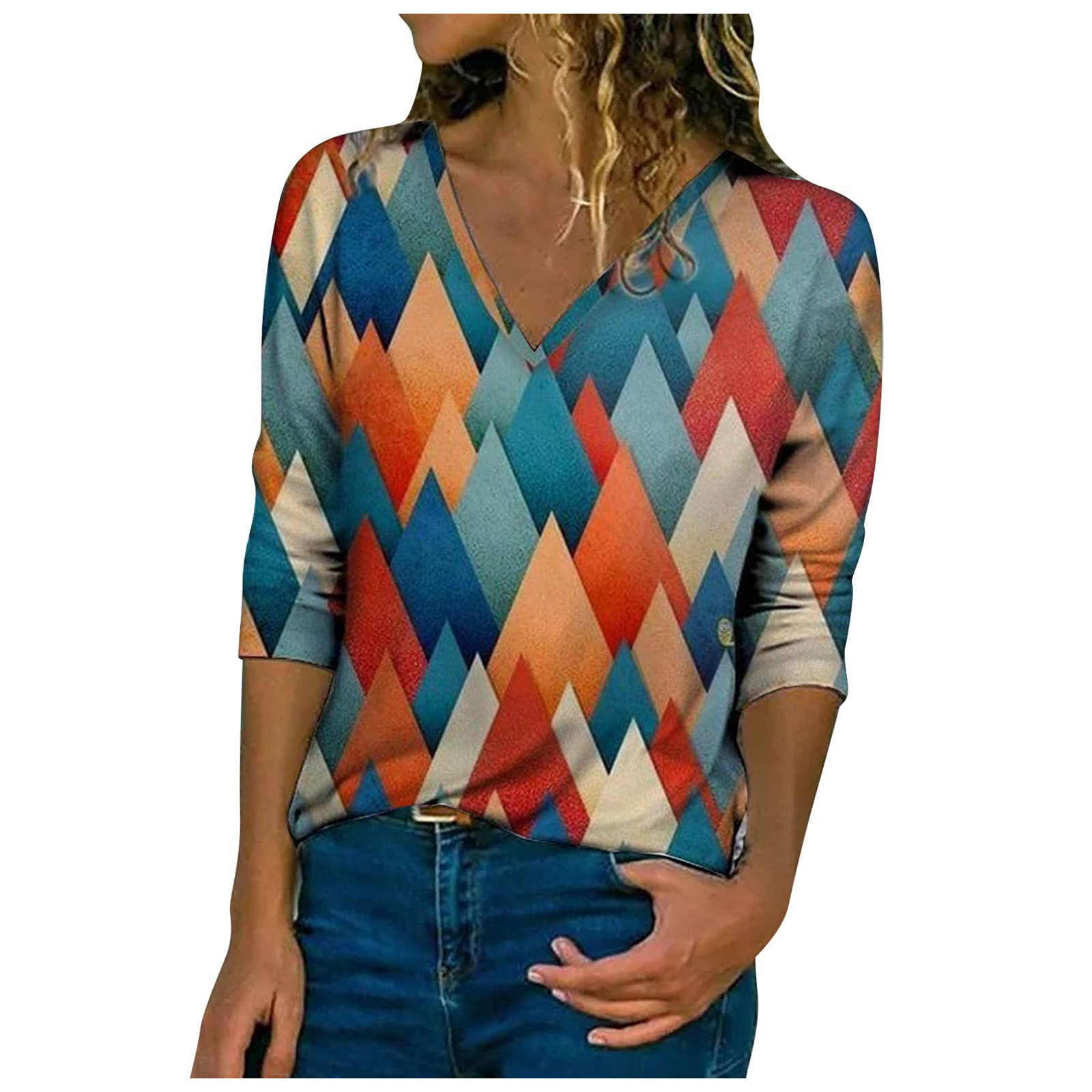 Women's Floral Printed V-Neck 3/4 Sleeve T-Shirt - Casual Loose Fit Pullover Top for Everyday Wear, Work & Outings