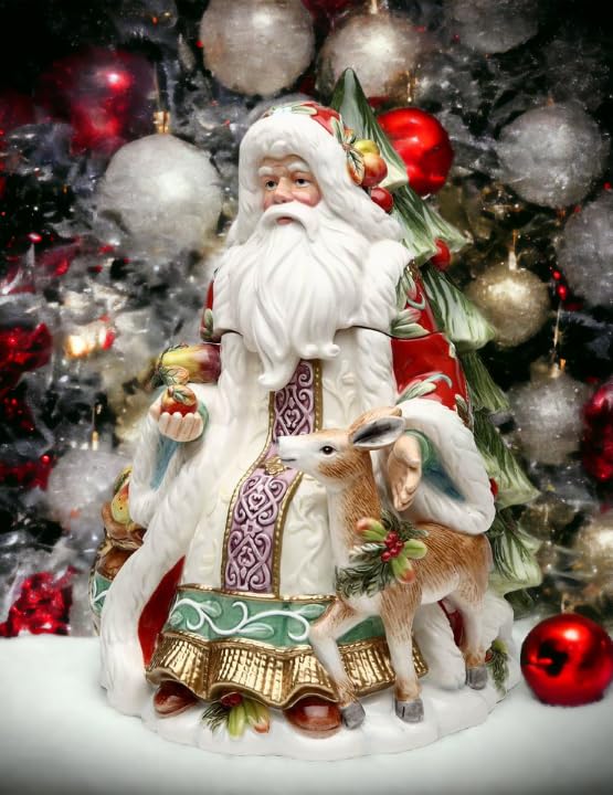 Fine Ceramic Victorian Harvest Santa Cookie Jar with Deer & Christmas Tree - 11.25 Inch Christmas Decor for Holiday Baking, Kitchen Storage & Festive Home Decor