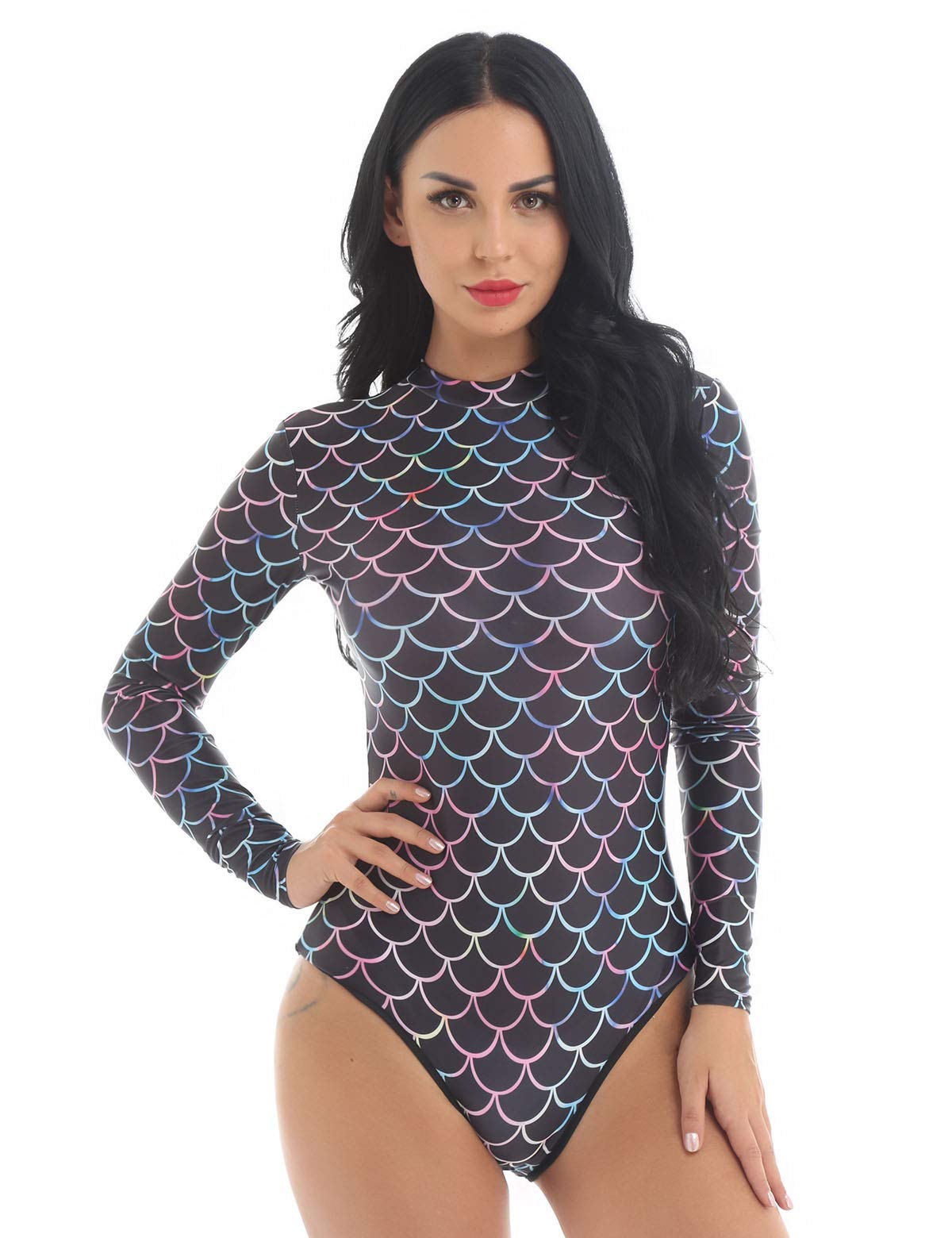 ACSUSS Women's Long Sleeve Rash Guard Swimsuit - Mermaid Scale Print UPF 50+ Sun Protection for Surfing, Swimming & Beach Activities
