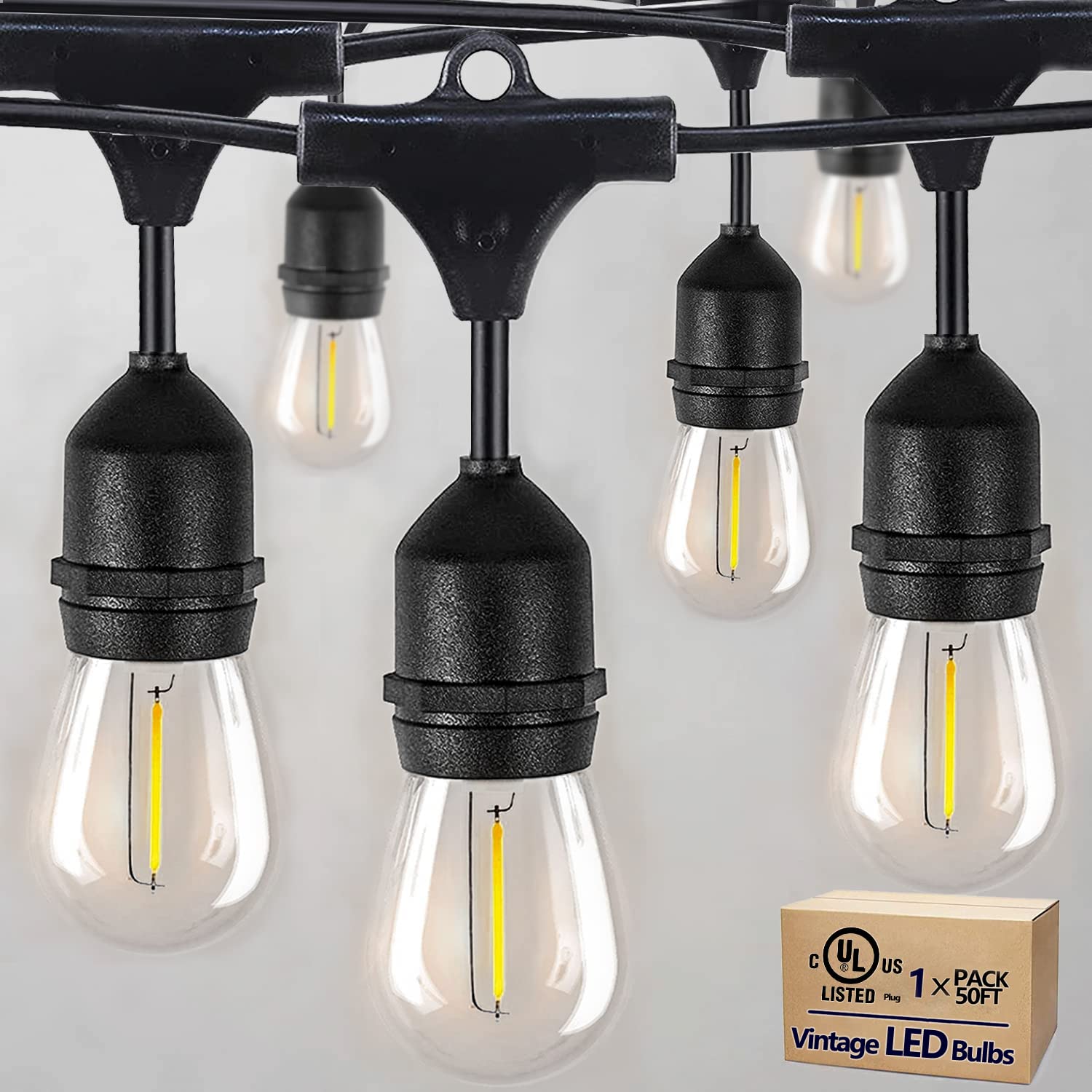 50FT Outdoor String Lights Waterproof - 17 Shatterproof S14 Bulbs Edison Vintage Backyard Lights, Commercial Grade Cafe Hanging Lights for Patio Pergola - Perfect for Garden, Wedding, Restaurant & Outdoor Decor