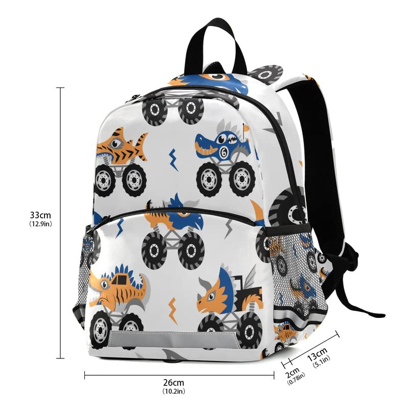 Kids Toddler Backpack with Safety Leash - Cute Animal Monster Trucks Design School Bag for Boys & Girls | Durable Construction Vehicle Themed Kindergarten Backpack for Preschool, Nursery & Travel | Features Chest Clip & Reflective Stripes for Safety | Perfect for School, Daycare & Family Outings