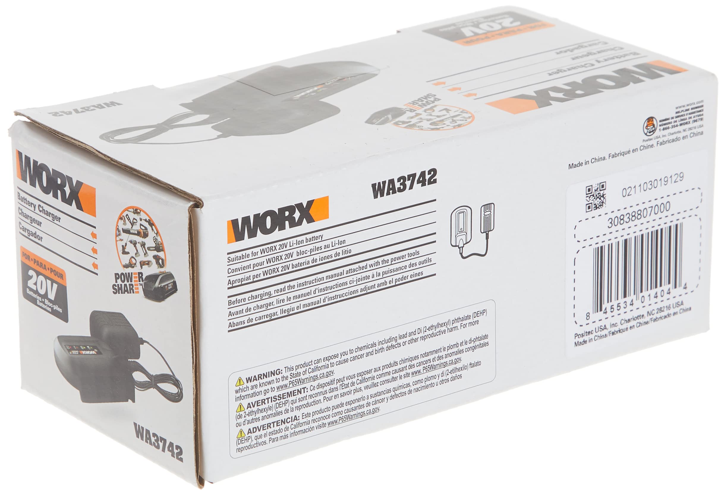 Worx WA3742 20V Lithium Ion Battery Charger | Fast 3-5 Hour Charging | Compatible with Worx Power Tools | Perfect for Home DIY, Garden & Workshop Use