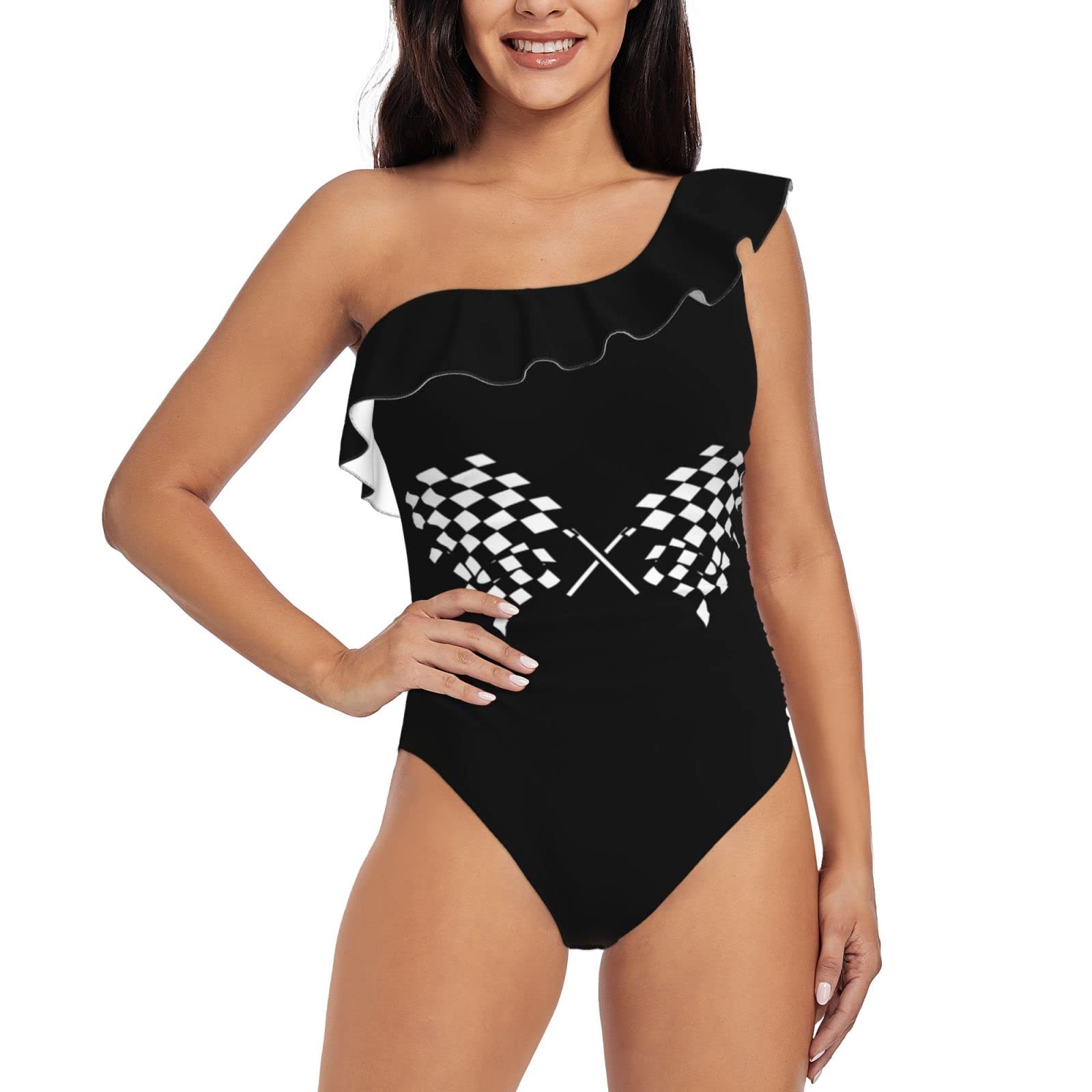 Women's One Shoulder Ruffle One Piece Swimsuits - Tummy Control Bathing Suits for Hockey Goalies | Pool, Beach & Water Sports