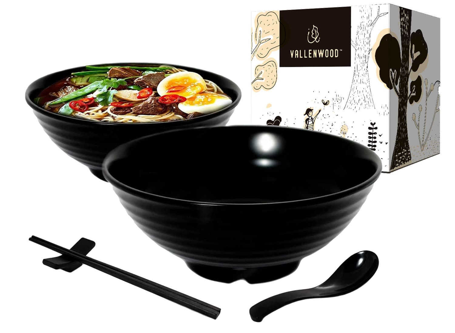 Vallenwood 2-Piece Melamine Noodle Bowl Set (8-Piece) - 37oz Large Asian Soup Bowls for Ramen, Pho, Udon & Miso - Includes Spoons, Chopsticks & Stands - Perfect for Japanese, Chinese, Thai Cuisine & Family Dining