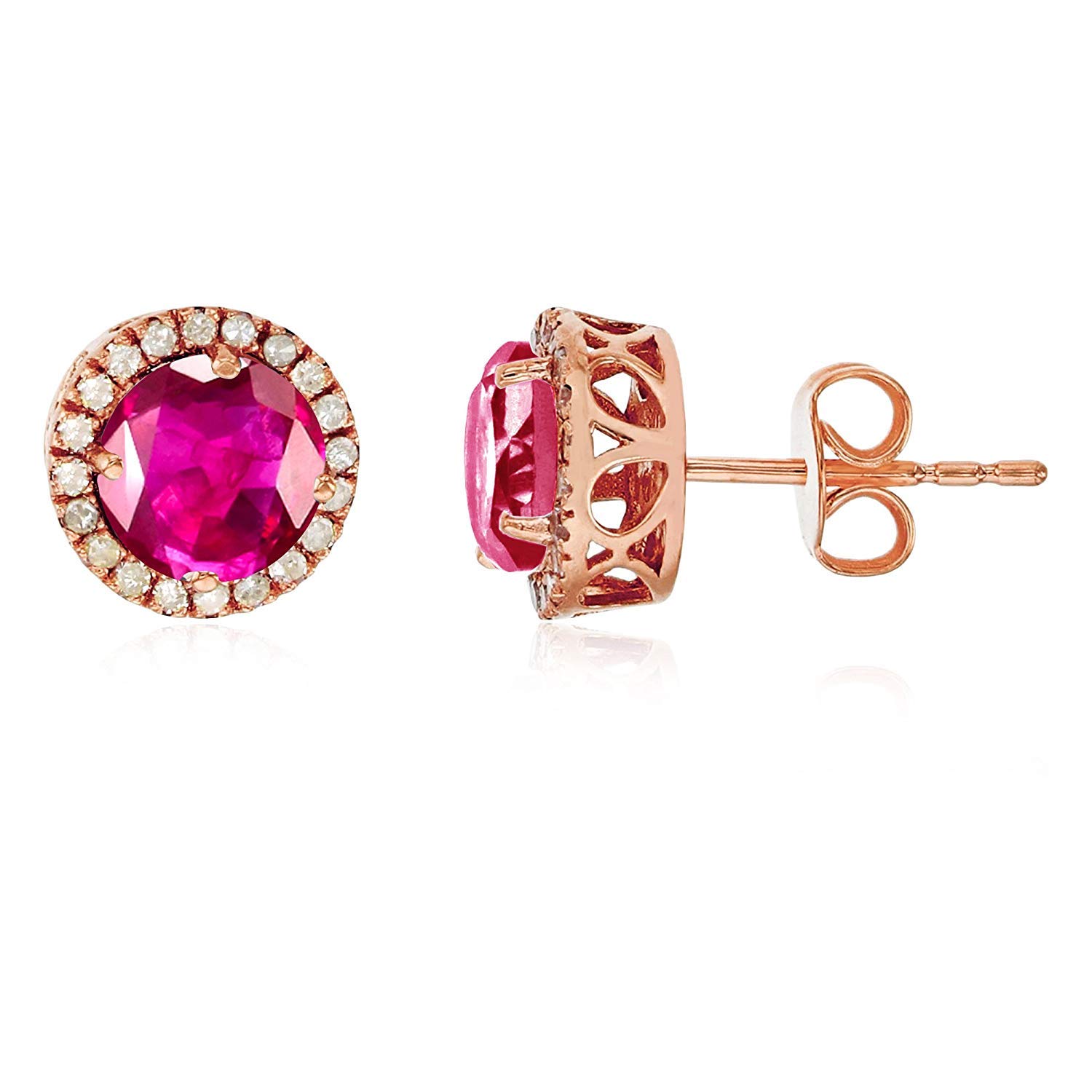14K Yellow, White & Rose Gold 6mm Round Gemstone Stud Earrings with 0.2 CTTW Diamond Halo - Perfect for Weddings, Anniversaries & Special Occasions