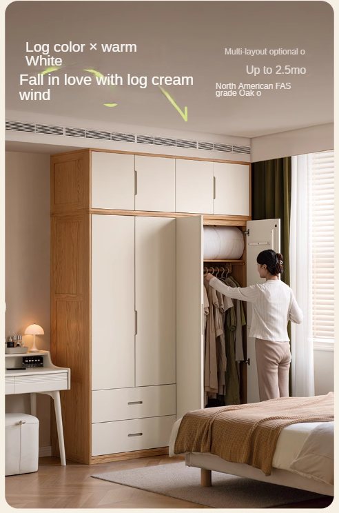Solid Oak Wood Wardrobe & Floor Cabinet Set - Durable Storage for Bedroom, Closet, and Living Room Organization