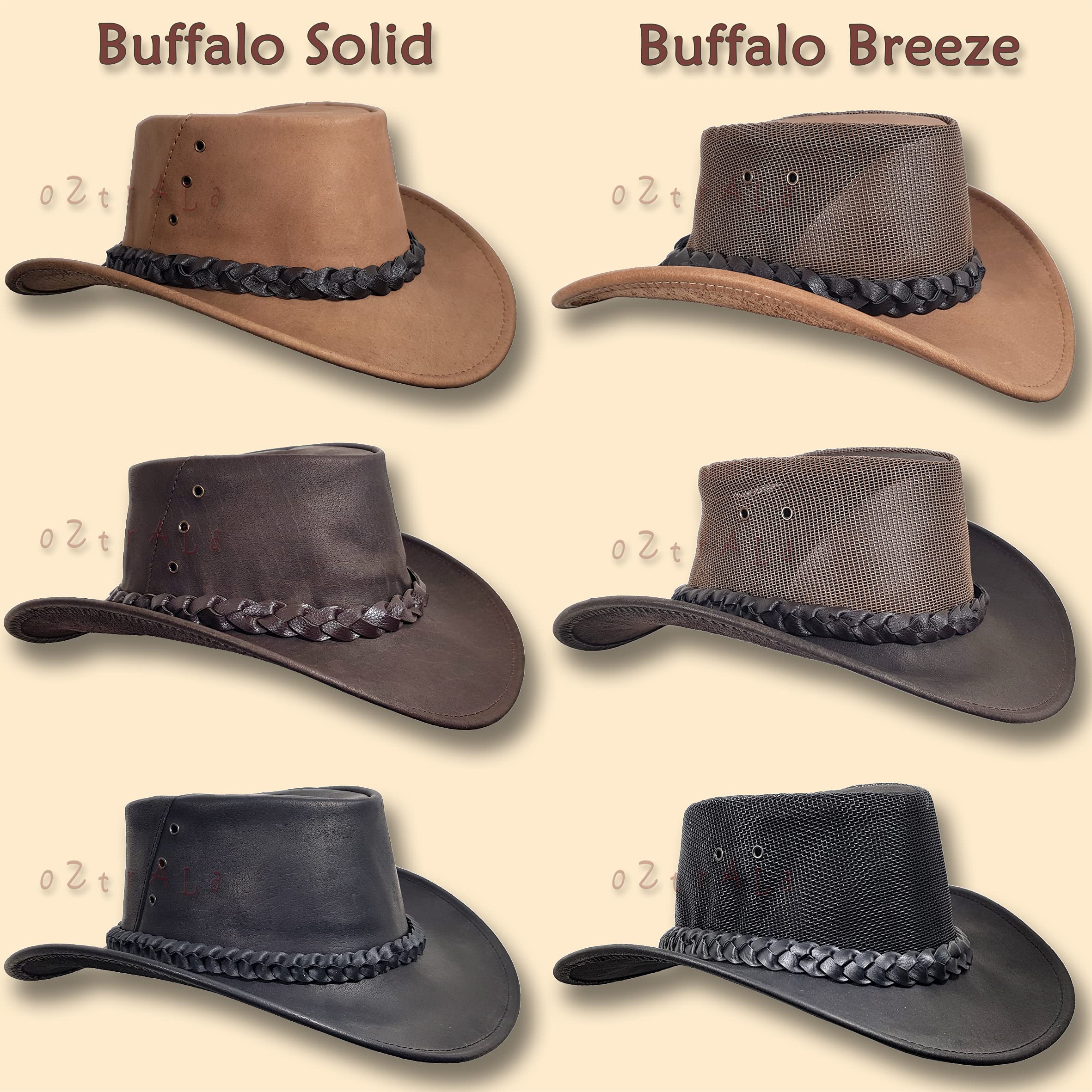 Oztrala Buffalo Leather Hat for Men, Women & Kids - Australian Outback Western Cowboy Style with Mesh Lining - Black, Brown & Tan Options - Perfect for Rodeo, Ranch Work & Outdoor Adventures
