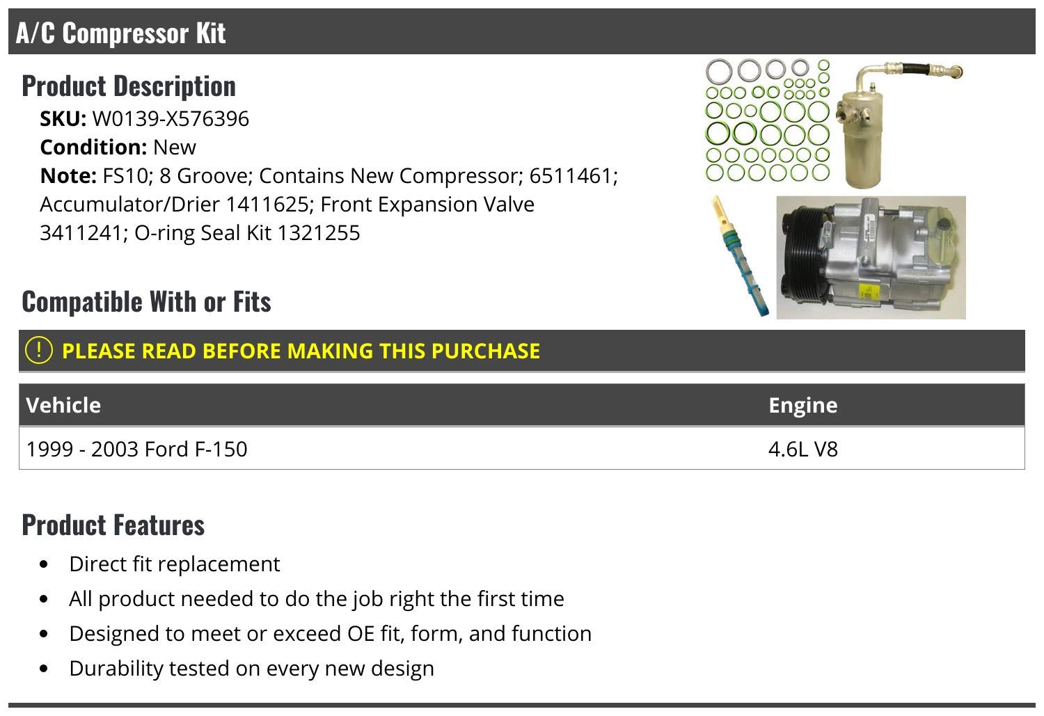 Ford F150 4.6L V8 A/C Compressor Kit (1999-2003) - High Performance Replacement Part for Cool Air Conditioning - Perfect for Summer Driving & Off-Road Adventures