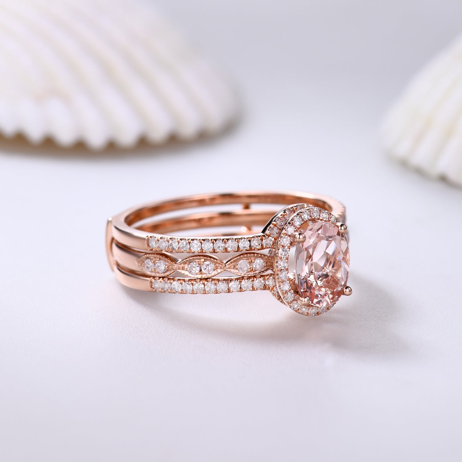 Stackable Oval Cut Morganite Engagement Ring Set with Diamond Accent Double Row Band - Perfect for Bridal, Wedding, and Anniversary Gifts