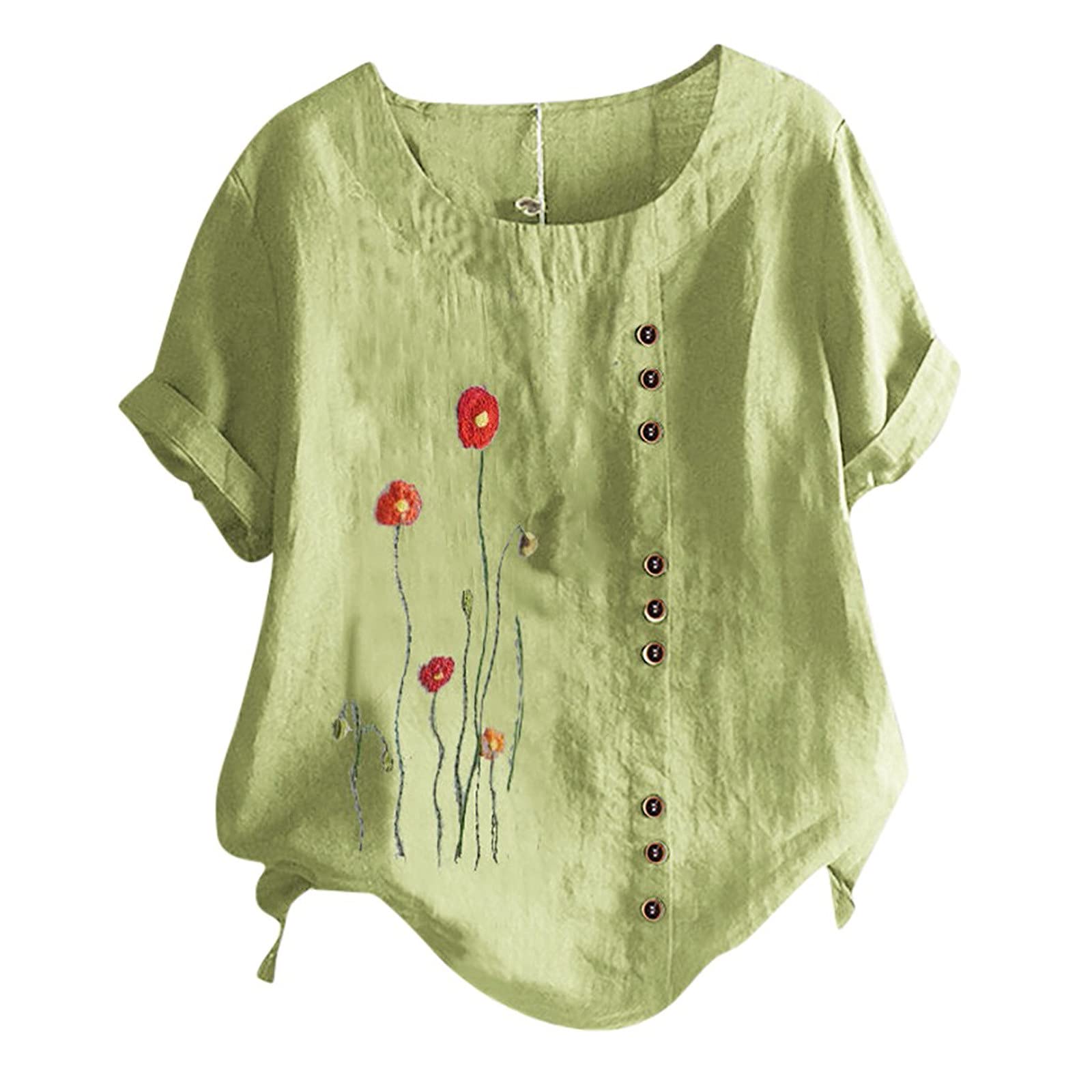 Women's Linen Tops - Round Neck Short Sleeve Boho Shirt with Button Decor, Loose Fit Casual Floral Blouse for Summer | Beach Outfits, Vacation Wear & Everyday Style