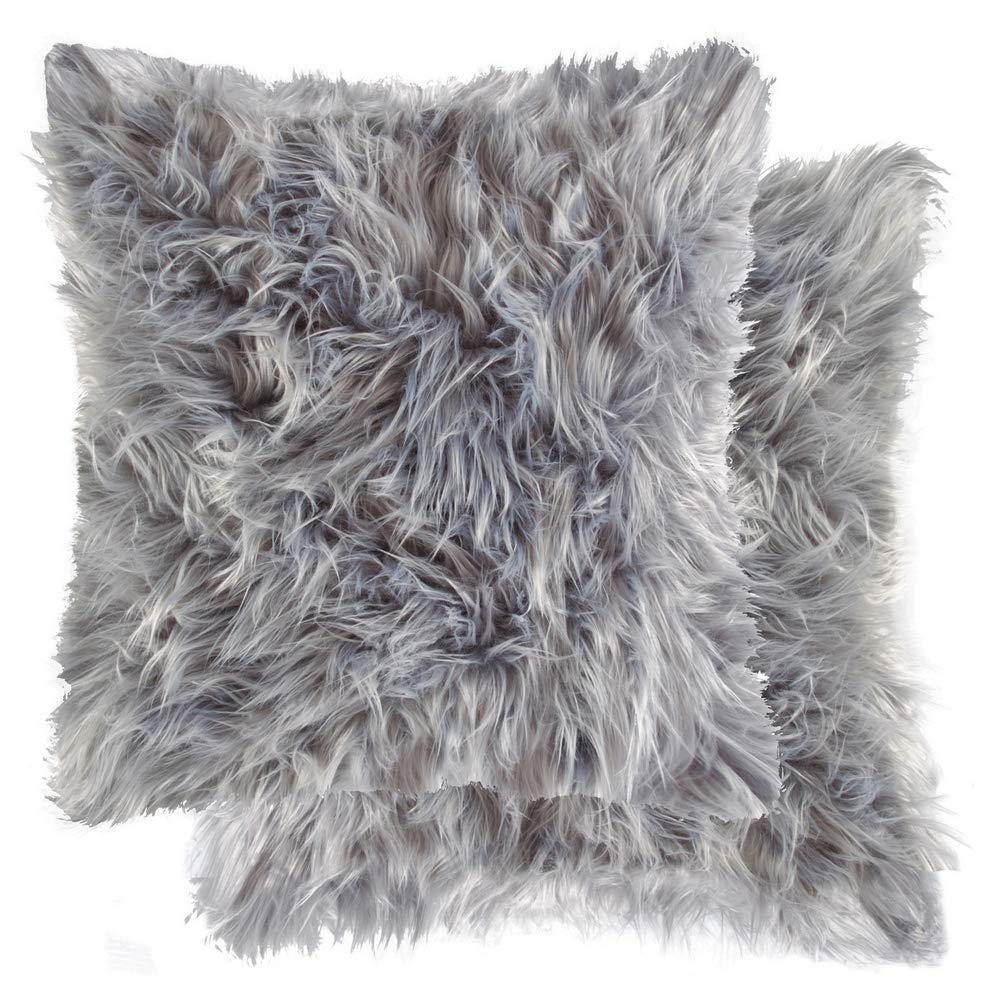 Luxury Faux Fur Throw Pillows Set of 2 - 18x18 Inch Soft Double-Sided Decorative Cushions for Sofa, Bed, Living Room & Dorm - Belton Grey Accent Pillows with Insert - Perfect for Cozy Home Decor & Gift Giving