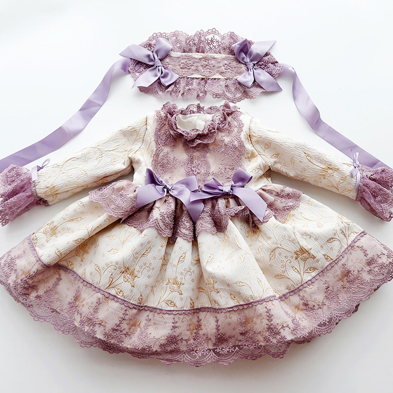 Lilac Lace Princess Flower Girl Dress with Mock Neck & Long Sleeves - Elegant Formal Wear for Weddings, Baptisms & Special Occasions
