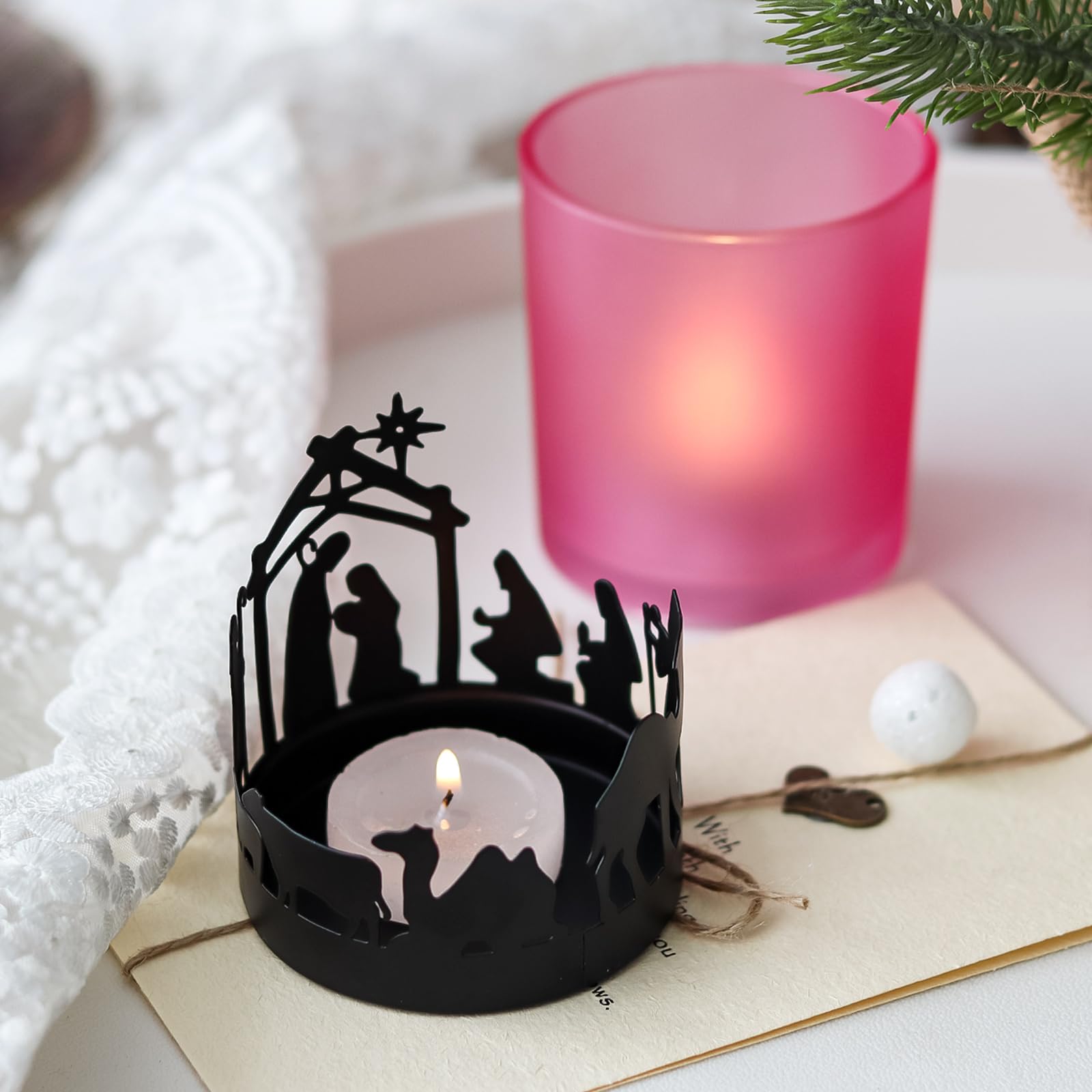 Advent Christmas Candle Holder Set - Glass Votive Tealight Candle Holders for Holiday Decor, Wreath Centerpiece - Perfect for Mantel, Table Decorations & Festive Home Decor (Set of 4)