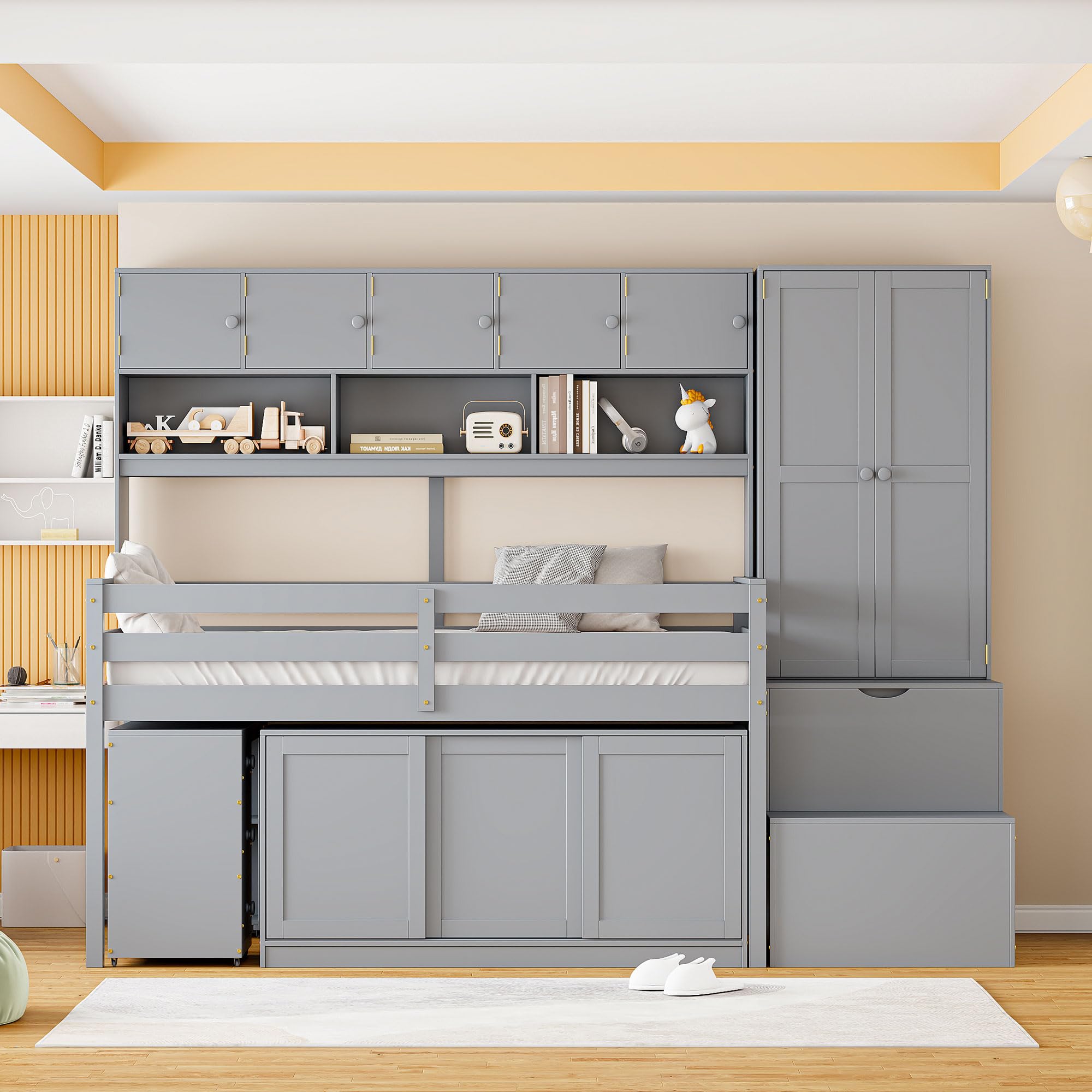 Harper & Bright Designs Kids Twin Low Loft Bed with Desk & Wardrobe - Wood Twin Loft Bed Frame with Storage Shelves & Cabinet - Perfect for Small Bedrooms, Kids & Teens Room - Space-Saving Gray Loft Bed for Study & Sleep