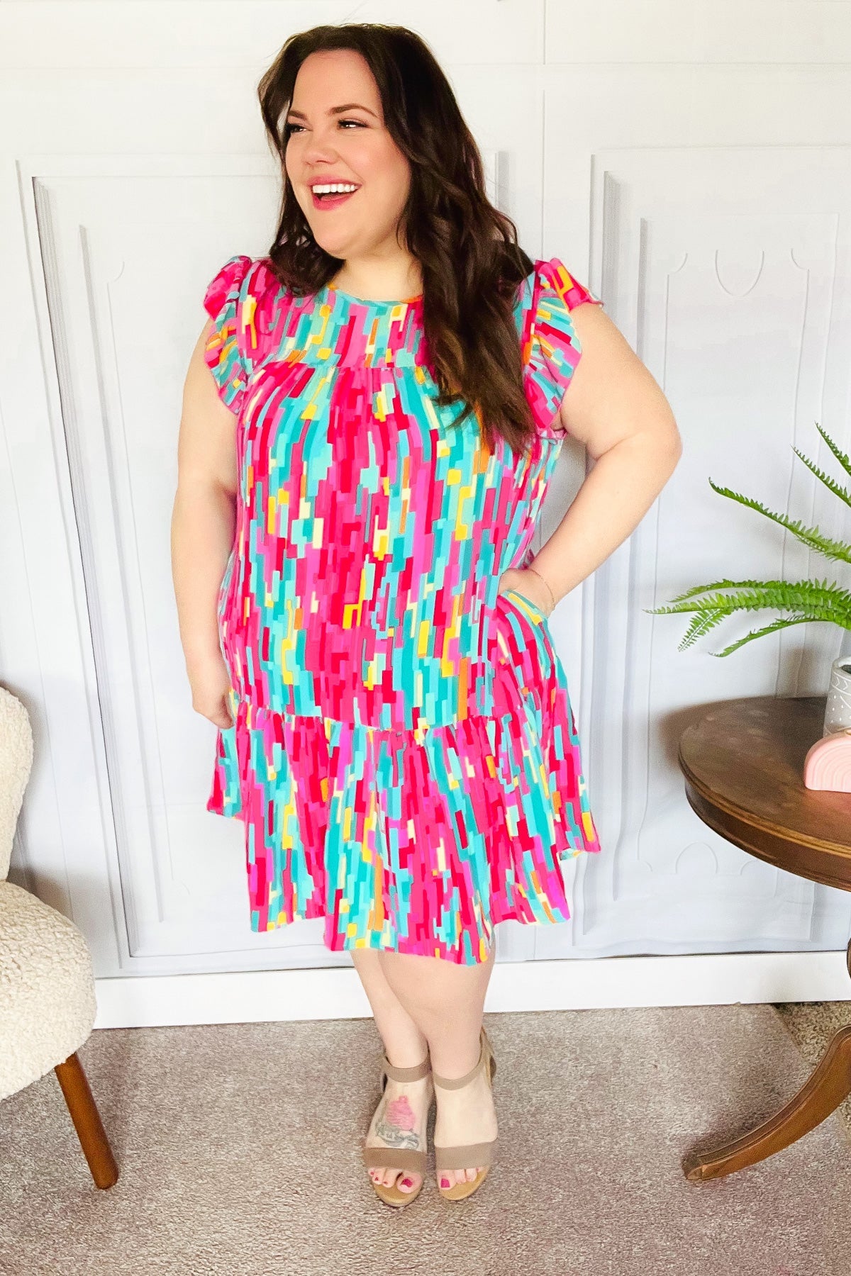 Stylish Multicolor Abstract Print Tiered Ruffle Sleeve Dress for Women | Trendy Party & Cocktail Outfit | Perfect for Date Night, Wedding Guest & Special Occasions