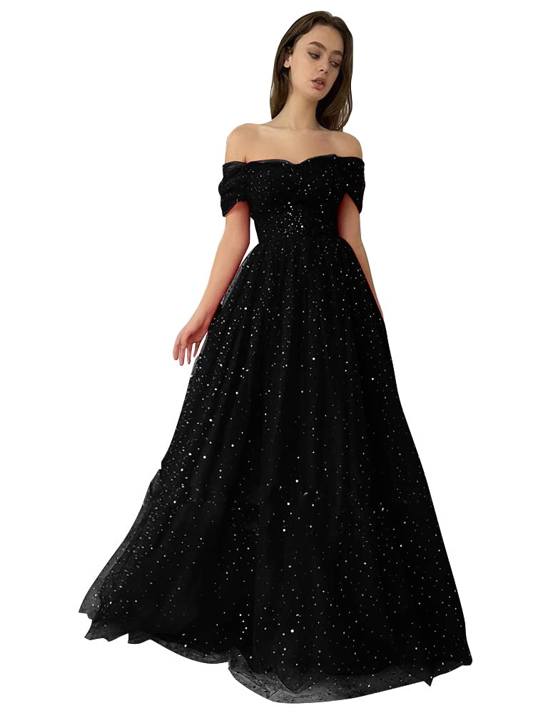 Sparkly Off Shoulder Sequin Tulle Prom Dresses for Women - Elegant Starry Pleated Long Ball Gowns for Formal Weddings, Parties & Special Occasions 2022
