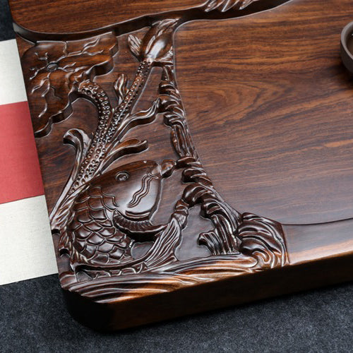 Hand Carved Wooden Goldfish Tea Tray - Traditional Japanese Style Tea Serving Tray for Matcha Ceremony, Home Decor & Gift Idea