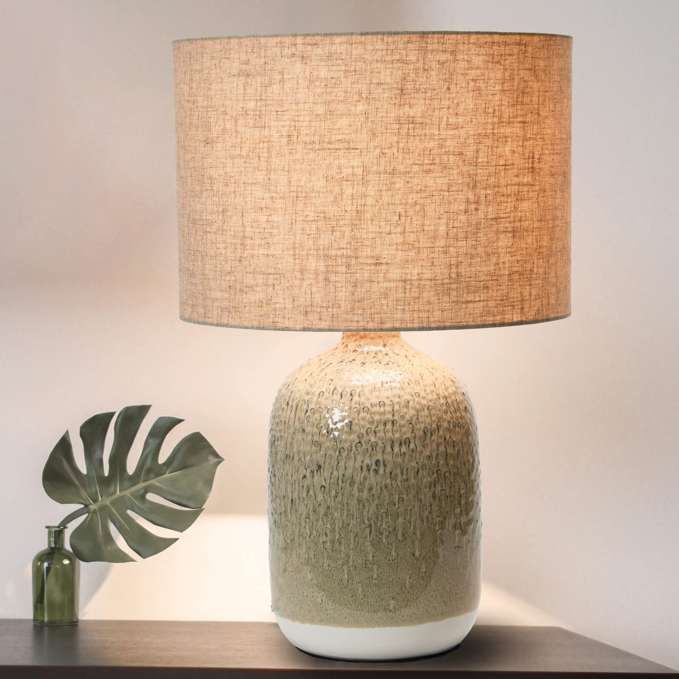 Bloomingville Taupe Stoneware Table Lamp with Linen Shade & Inline Switch - Reactive Glaze Ceramic Lamp for Bedroom, Living Room, Office (AH1747)