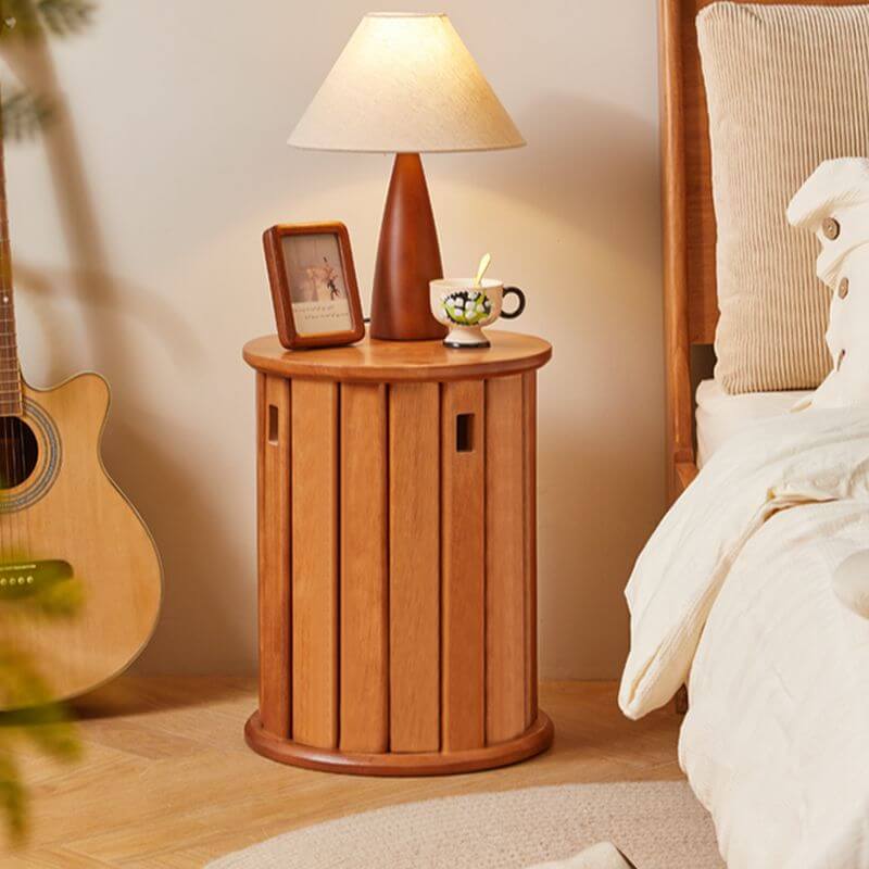 Minimalist Solid Color Utility Stool with Midnight Black/Auburn/Natural Finish - Stackable Drum Base & Natural Wood Seat - Perfect as Side Table, Bedroom Bench or Living Room Accent Stool