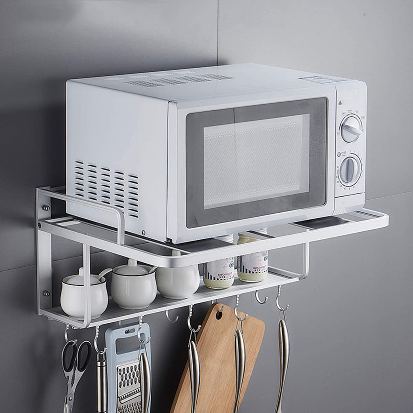 Double Layer Microwave Shelf - Wall Mounted Kitchen Storage Organizer with 10 Hooks for Pans, Pots, Knives & Spoons | Space Saving Kitchen Rack for Small Kitchens & Apartments
