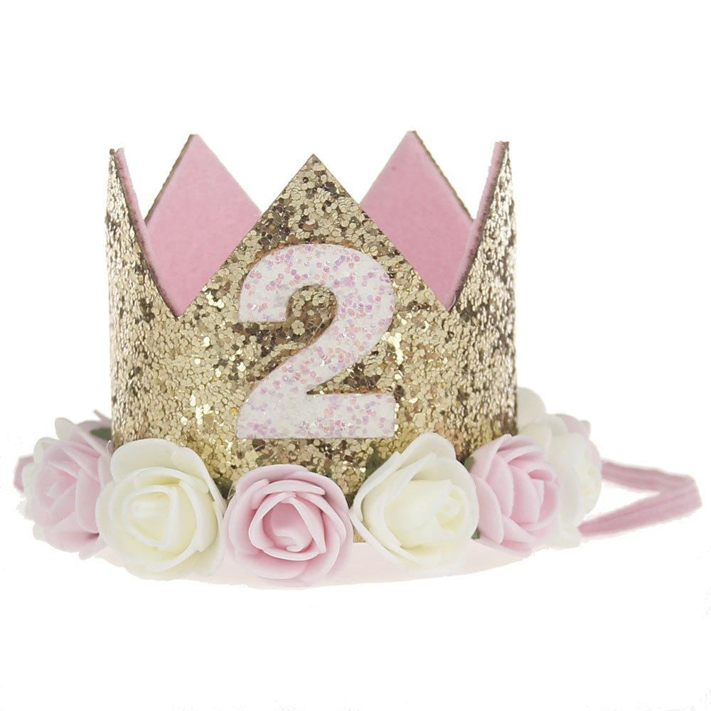 TVOIP Baby Princess Tiara Crown - Sparkling Gold Flower Style with Artificial Roses for Girls' First Birthday Party (2-Pack) | Perfect for Birthday Celebrations, Photo Shoots & Special Occasions