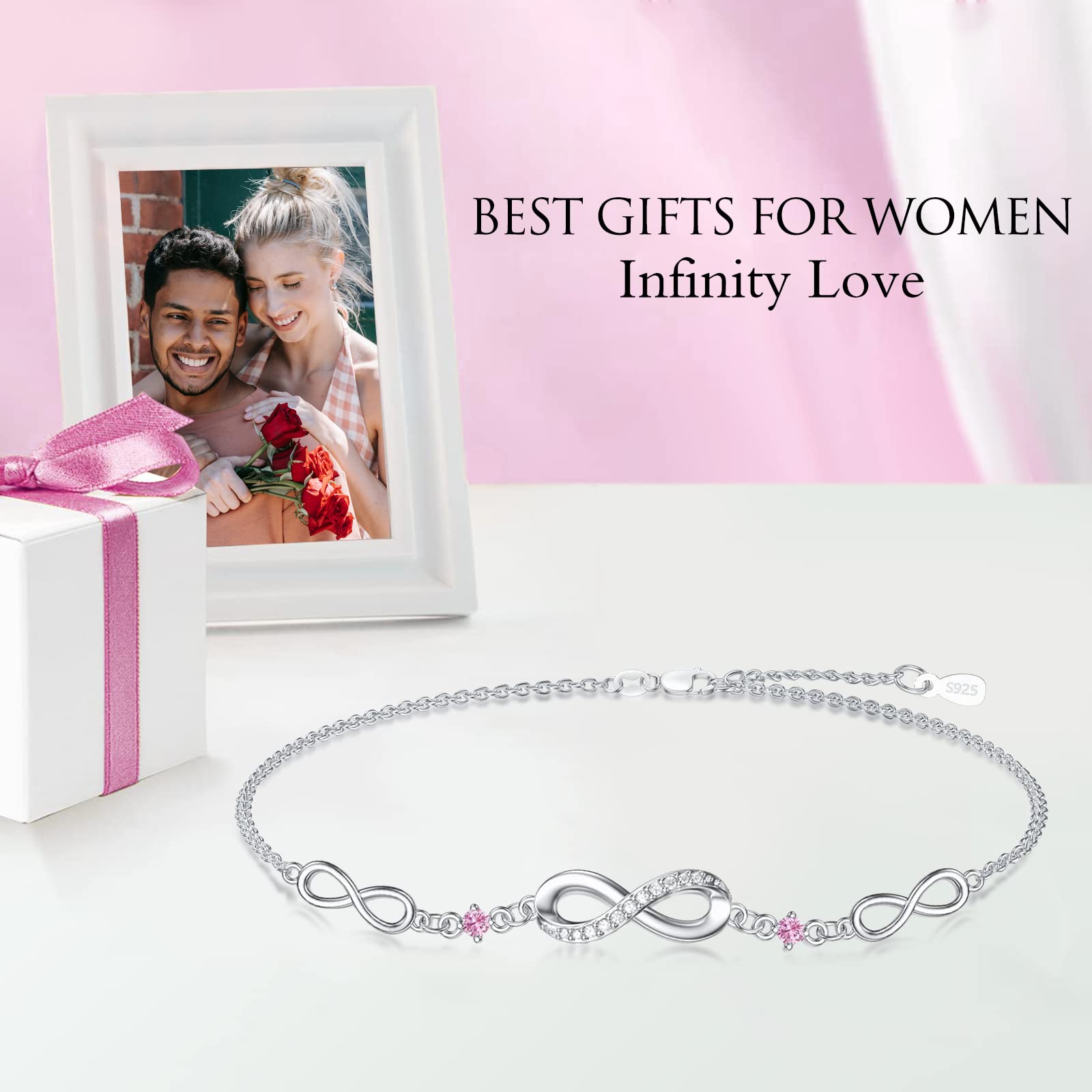 Infinity Bracelet for Women - 925 Sterling Silver Adjustable Birthstone Charm Link Bracelet - Christmas, Birthday Gift for Wife, Mom, Her - Perfect for Holidays, Anniversaries & Special Occasions