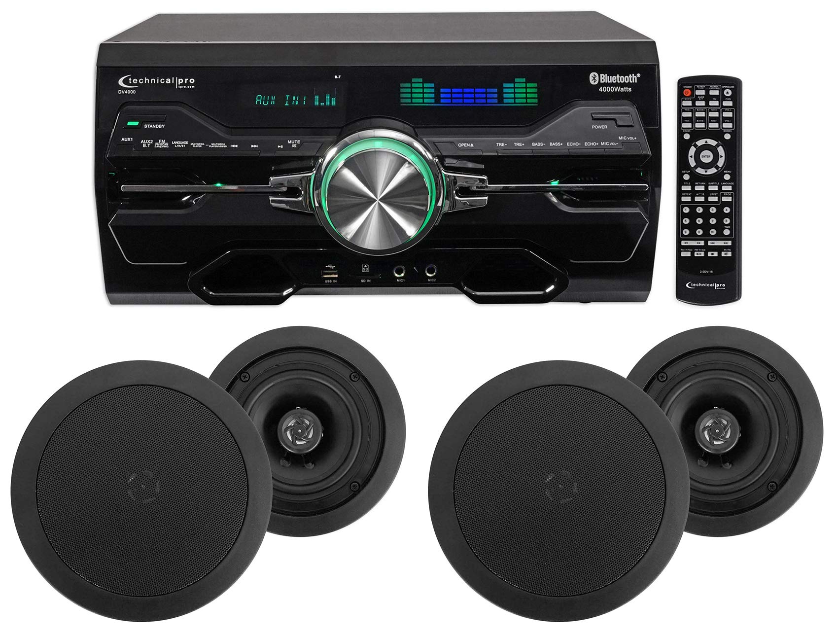 Technical Pro Professional 4000W Receiver Amplifier with Bluetooth, USB, FM & DVD Player - Rockville HC55 Black 5.25