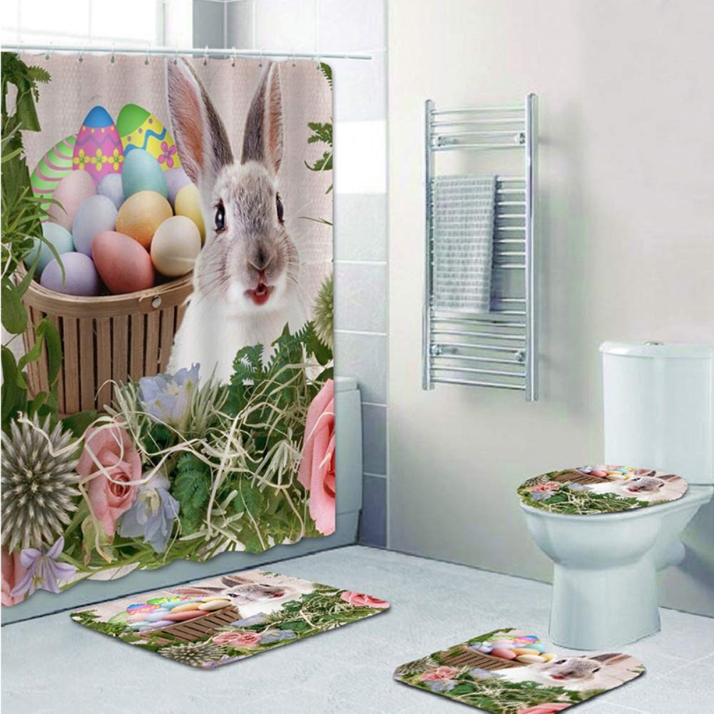 Happy Easter Shower Curtain Set - 4Pcs Waterproof Fabric Bathroom Decor with Rabbit & Colorful Eggs in Grass Flowers Scene - Easter Theme Bath Accessories for Home, Party & Spring Holiday Decorations