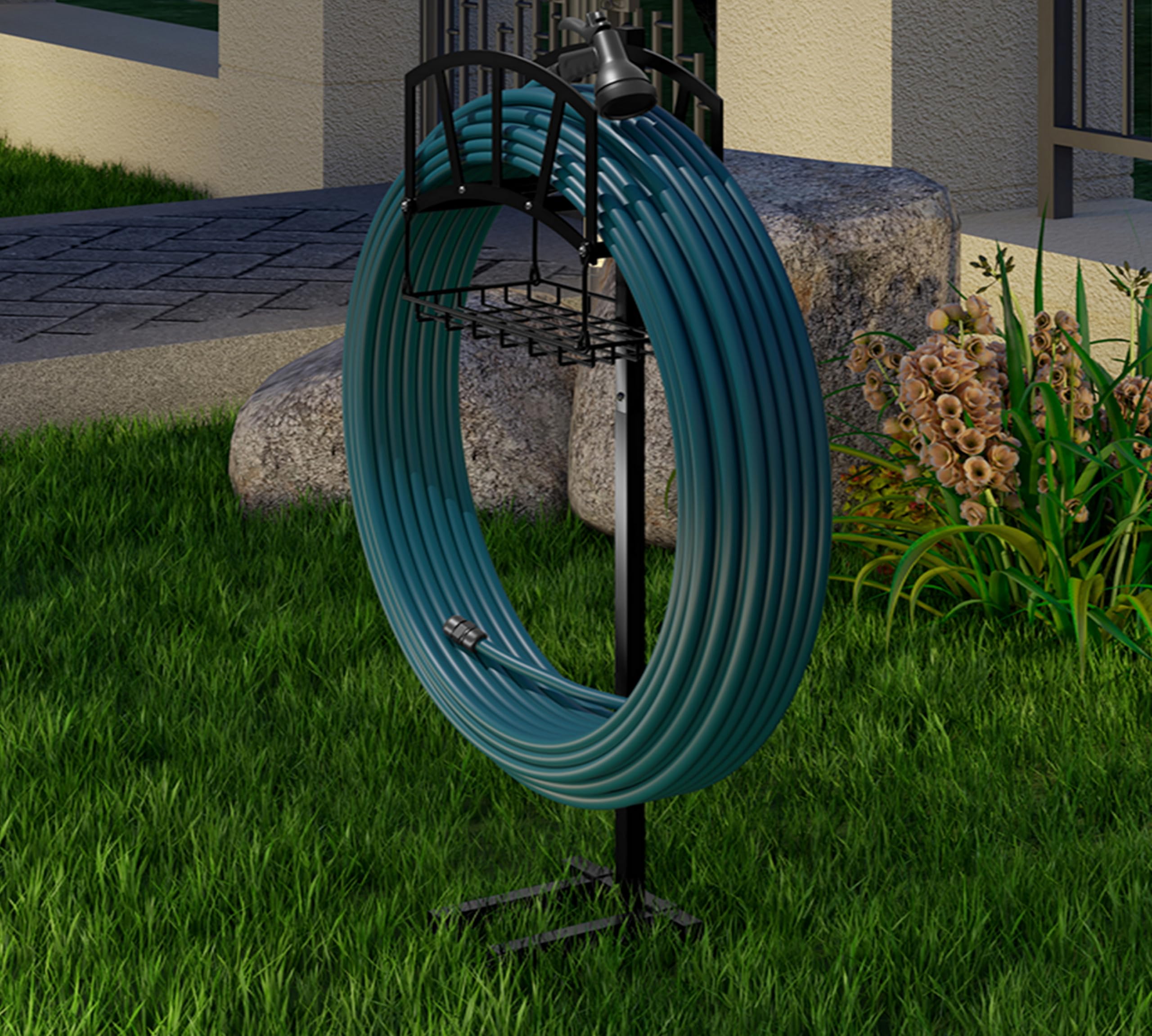 Fire Beauty Freestanding Garden Hose Holder with Storage Basket - Heavy Duty In-Ground Hose Rack Organizer for Outdoor Use - Detachable Hose Reel Stand for Lawn, Yard & Garden Watering (Perfect for Backyard, Patio & Landscaping)