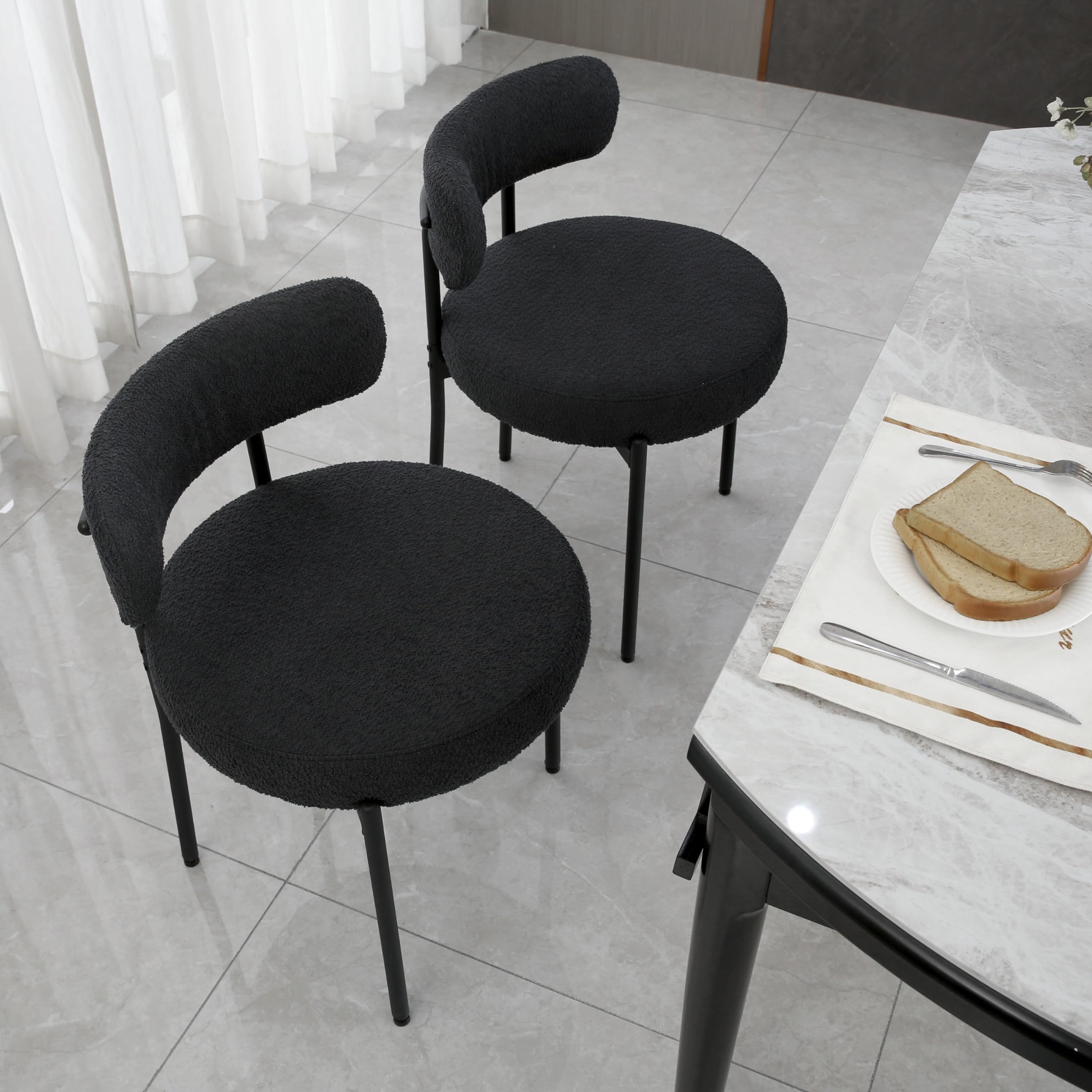 Black Boucle Dining Chairs Set of 4 - Round Upholstered Mid-Century Modern Kitchen Chairs with Curved Backrest & Metal Legs - Perfect for Dining Room, Kitchen Island, Breakfast Nook & Small Space Decor