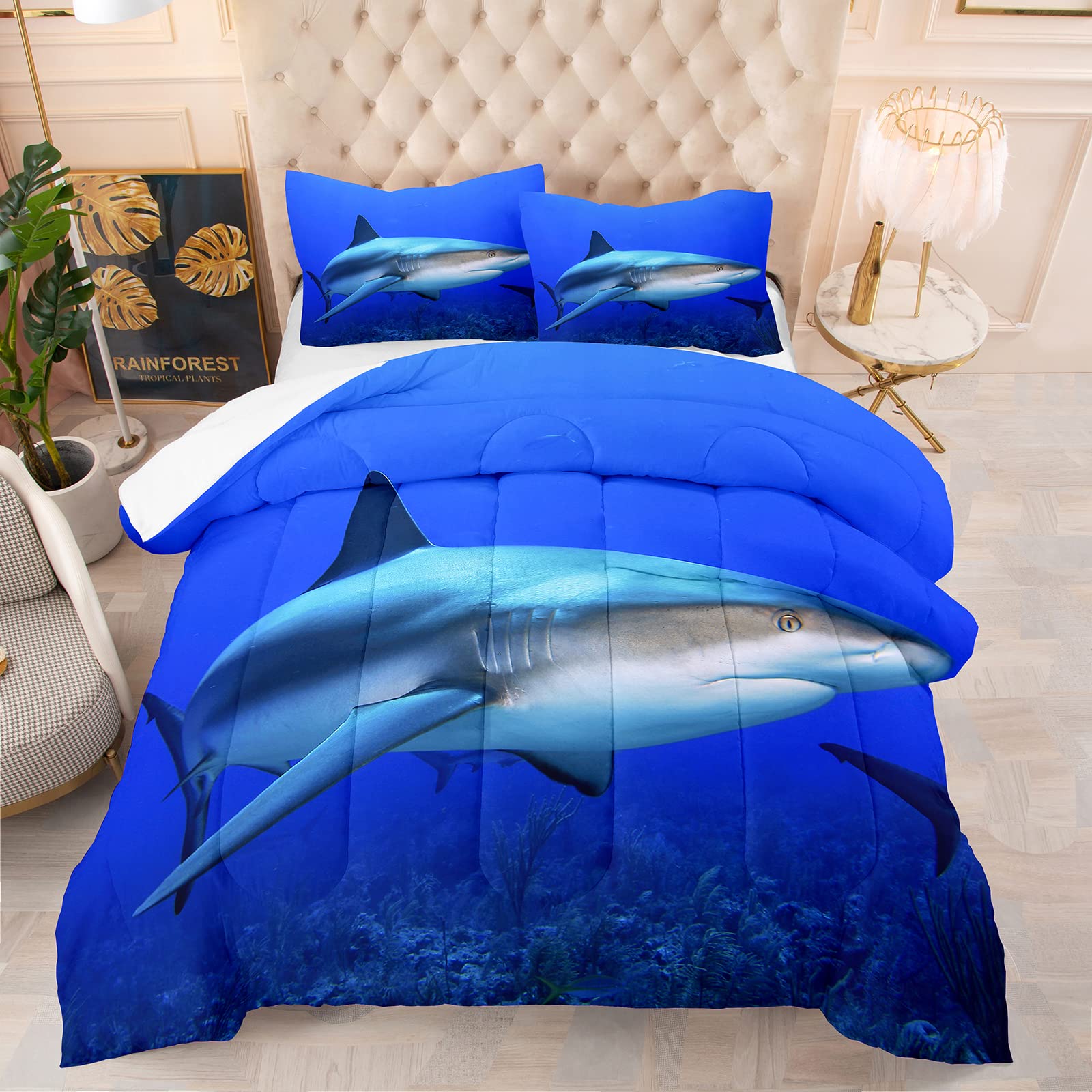 Big Shark Comforter Set for Boys, Kids & Teens - Full Size Ocean Blue Shark Bedding with 1 Comforter & 2 Pillowcases - Underwater Sea Theme Bedroom Decor for Kids Room, Dorm or Nursery