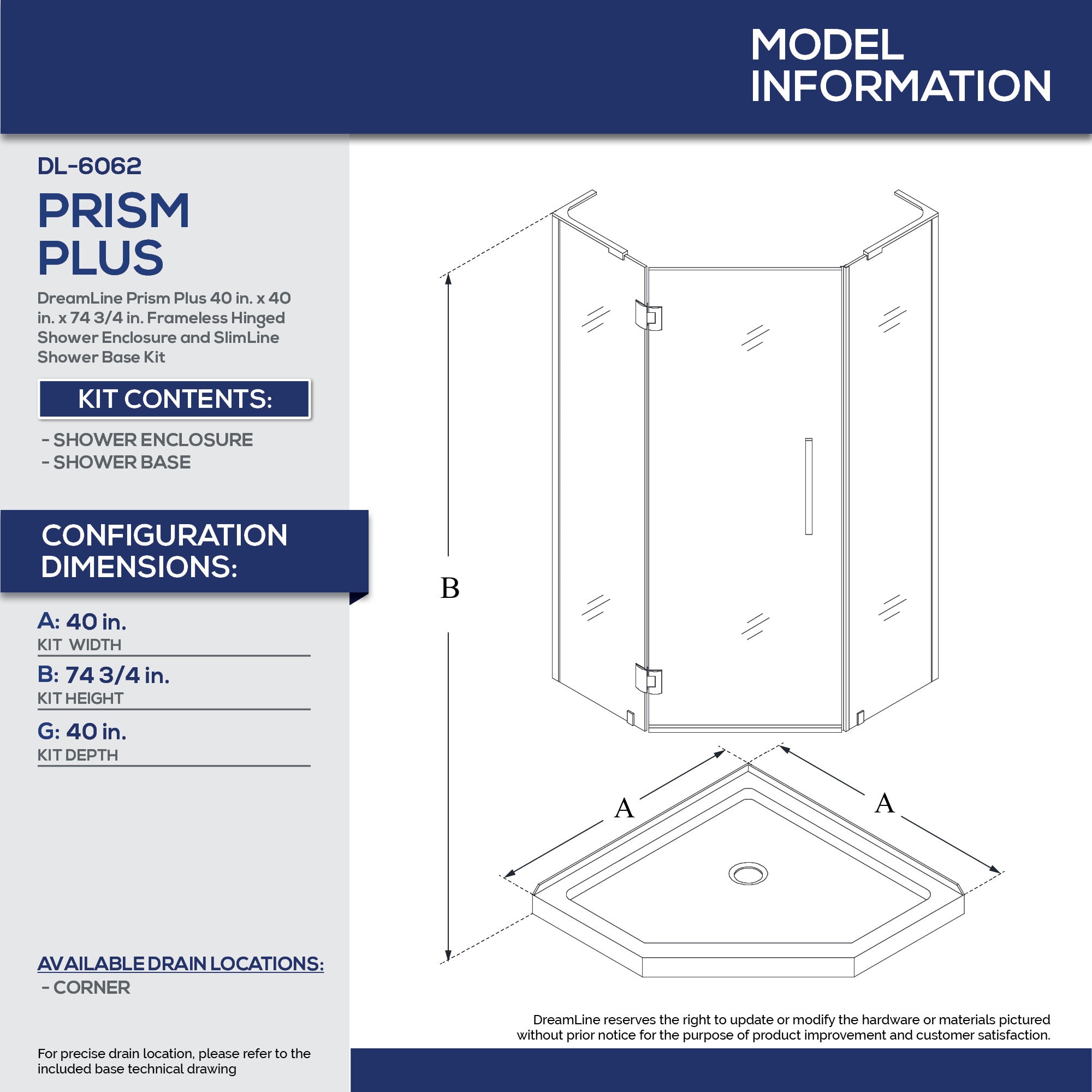 DreamLine Prism Plus 40x74.75 Inch Frameless Neo-Angle Shower Enclosure - Chrome Finish with Biscuit Base | Perfect for Modern Bathroom Renovations & Space-Saving Design