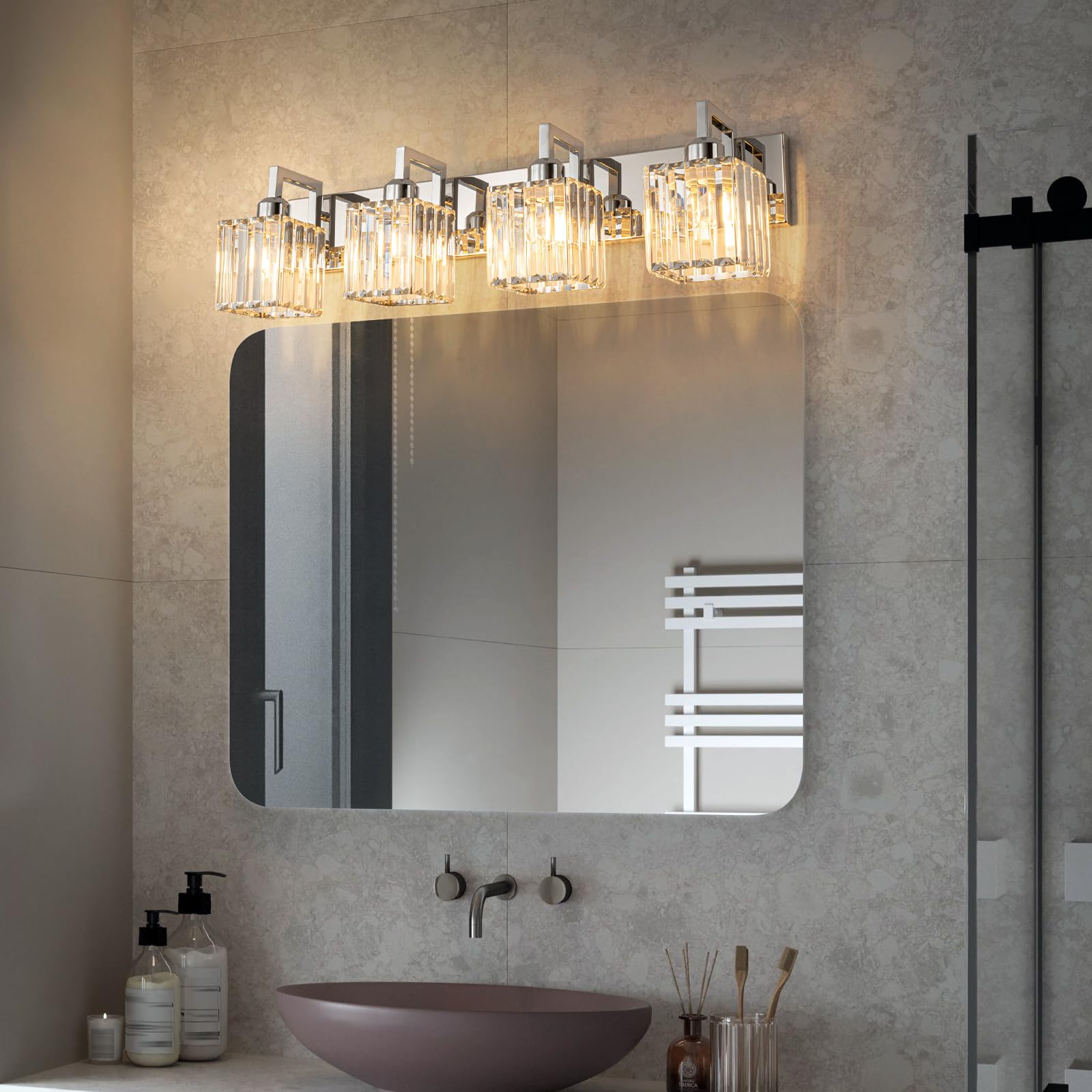 Modern Chrome Crystal Bathroom Vanity Light - 4-Light Wall Lamp for Contemporary Bathrooms | Perfect for Makeup, Shaving & Grooming Areas