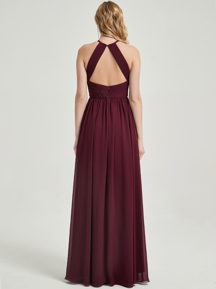 Elegant Burgundy Halter Pleated Keyhole Back Chiffon Bridesmaid Dress - Perfect for Weddings, Formal Events & Special Occasions