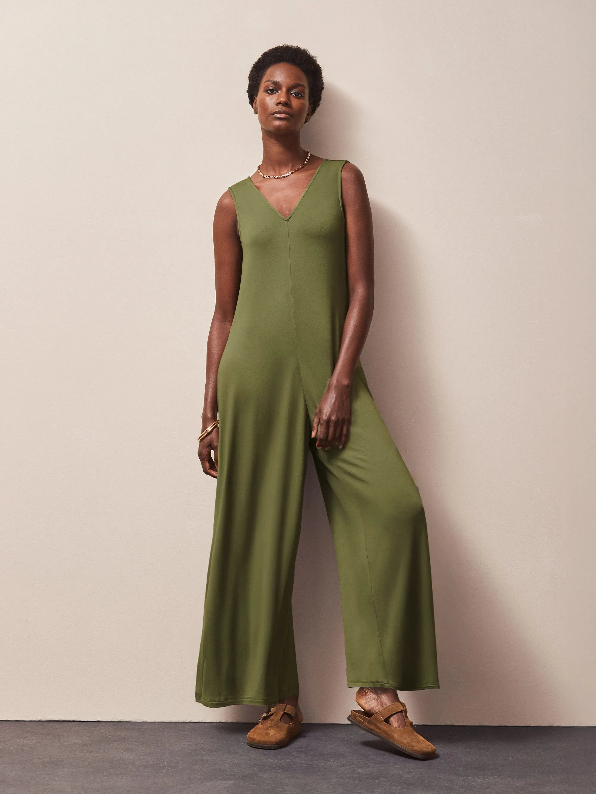 Women's Olive Green V-Neck Jersey Jumpsuit - Comfortable Stretchy Romper for Casual Wear, Lounge & Travel