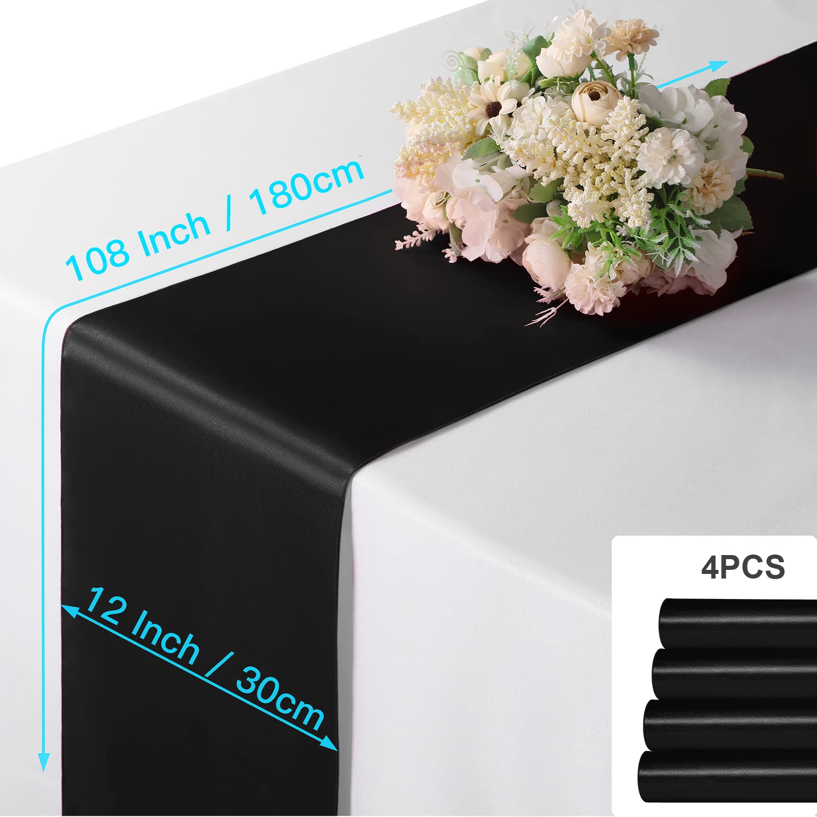 4-Pack Satin Black Table Runners 12x108 Inch - Elegant Long Party Table Decor for Weddings, Banquets, Birthday Buffets & Graduation Dinners | Smooth & Shiny Fabric for Formal Dining Events & Holiday Celebrations