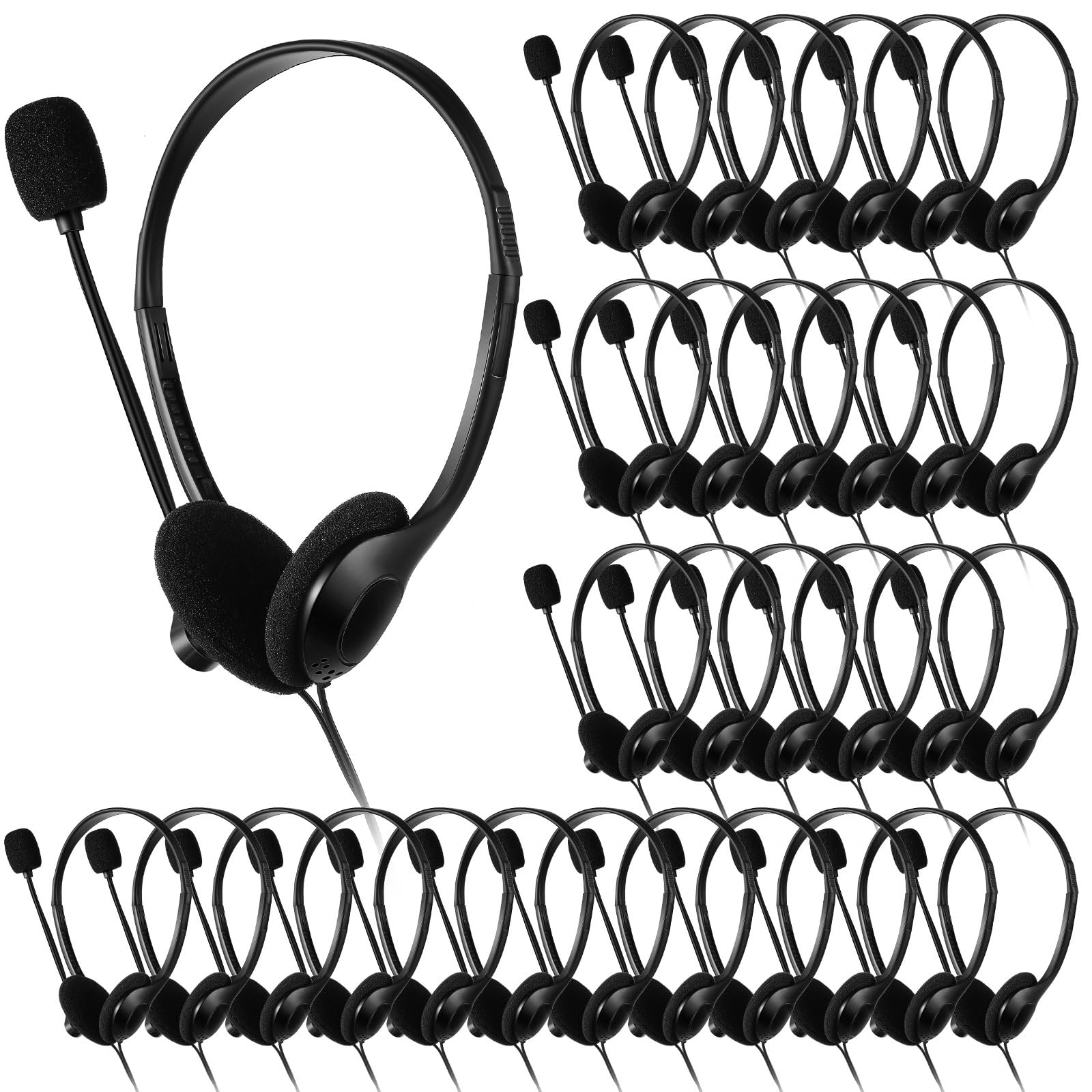 Kathfly Black Stereo Headphones with Microphone - Adjustable Office Conference Headset with 3.5mm Plug for Business Calls, Mobile Phones & Tablets (50 Pack) - Perfect for Call Centers, Remote Work & Online Meetings