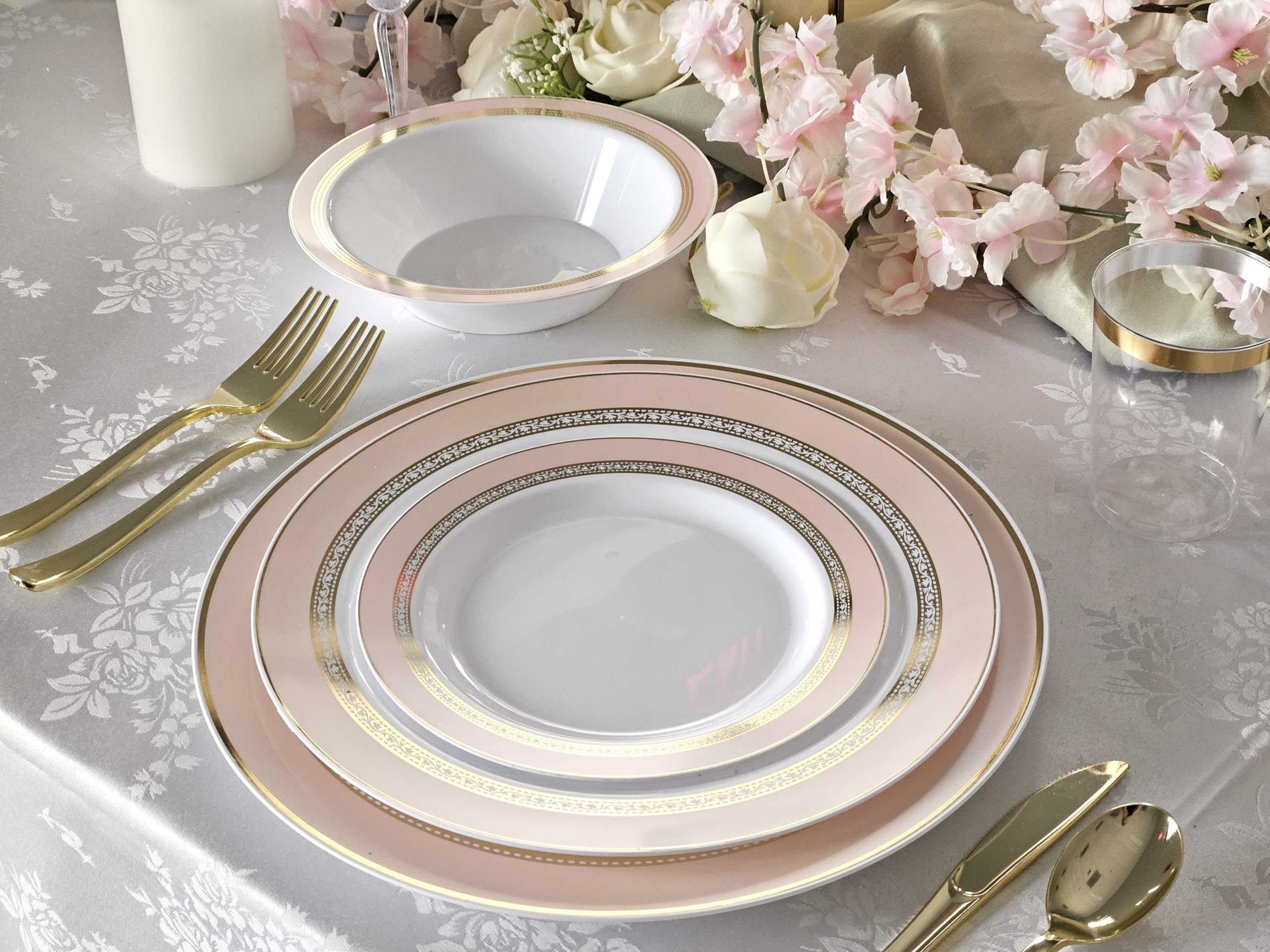 240 Heavyweight Disposable Plastic Plates for Weddings & Parties - 10.5'' Elegant Dinner Plates in Ritz Blush & Gold - Perfect for Formal Events, Catering & Special Occasions