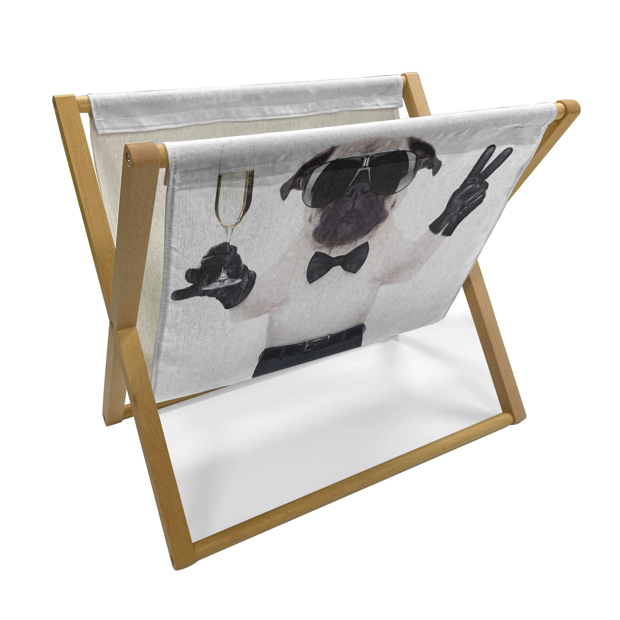 Ambesonne Pug Magazine & Book Holder - Dog-Themed Floor Rack Organizer with Champagne Glass & Peace Sign Design, 22x19 Inches, Black White Cream - Perfect for Office, Home & School Decor, Gift for Dog Lovers