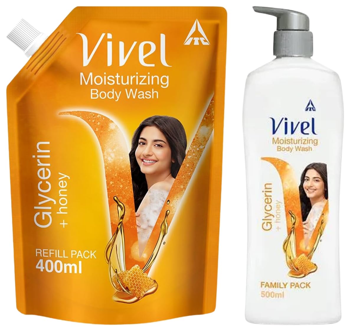 Vivel Exfoliating Body Wash with Glycerin & Honey - 400ml Refill Pouch & 500ml Pump Bottle - Hydrating Shower Gel for Glowing Skin - Unisex for Men & Women - Perfect for Daily Skincare Routine & Spa-Like Experience at Home