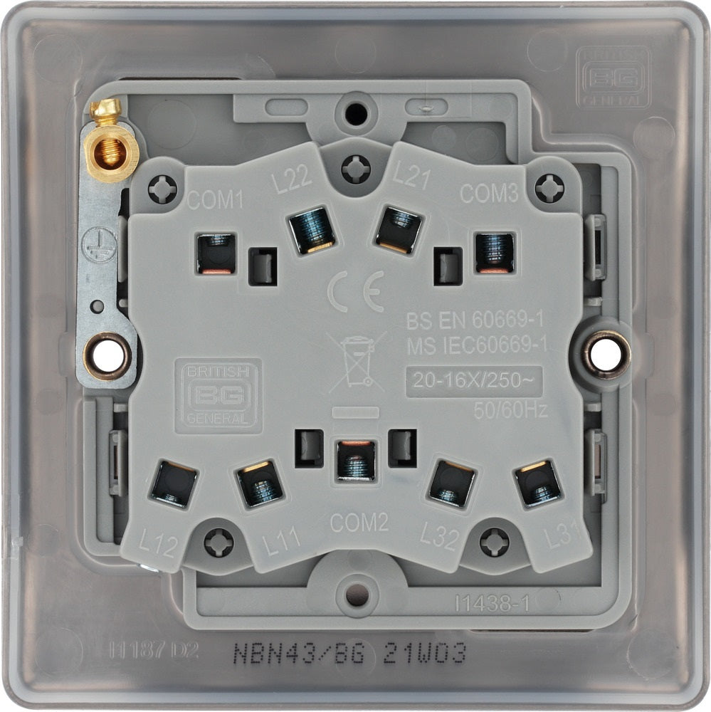 BG Nexus Metal Black Nickel 3G 2W Light Switch NBN43 - Modern Electrical Switch for Home & Office Lighting Control