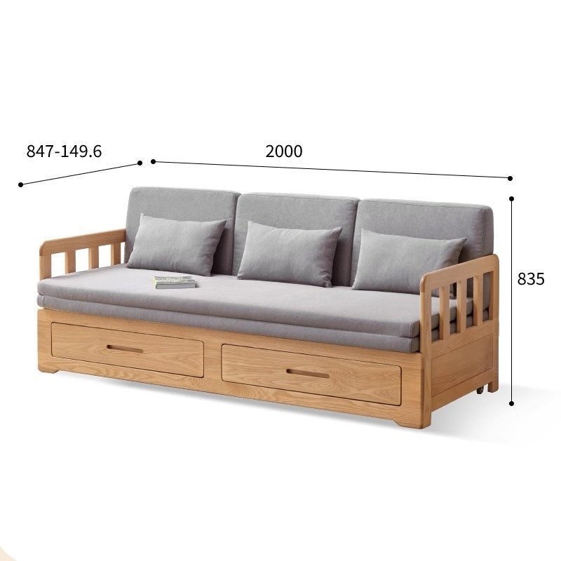 Solid Oak Wood Sofa Bed with Folding & Retractable Storage | Convertible Sleeper for Small Spaces, Guest Rooms & Apartments