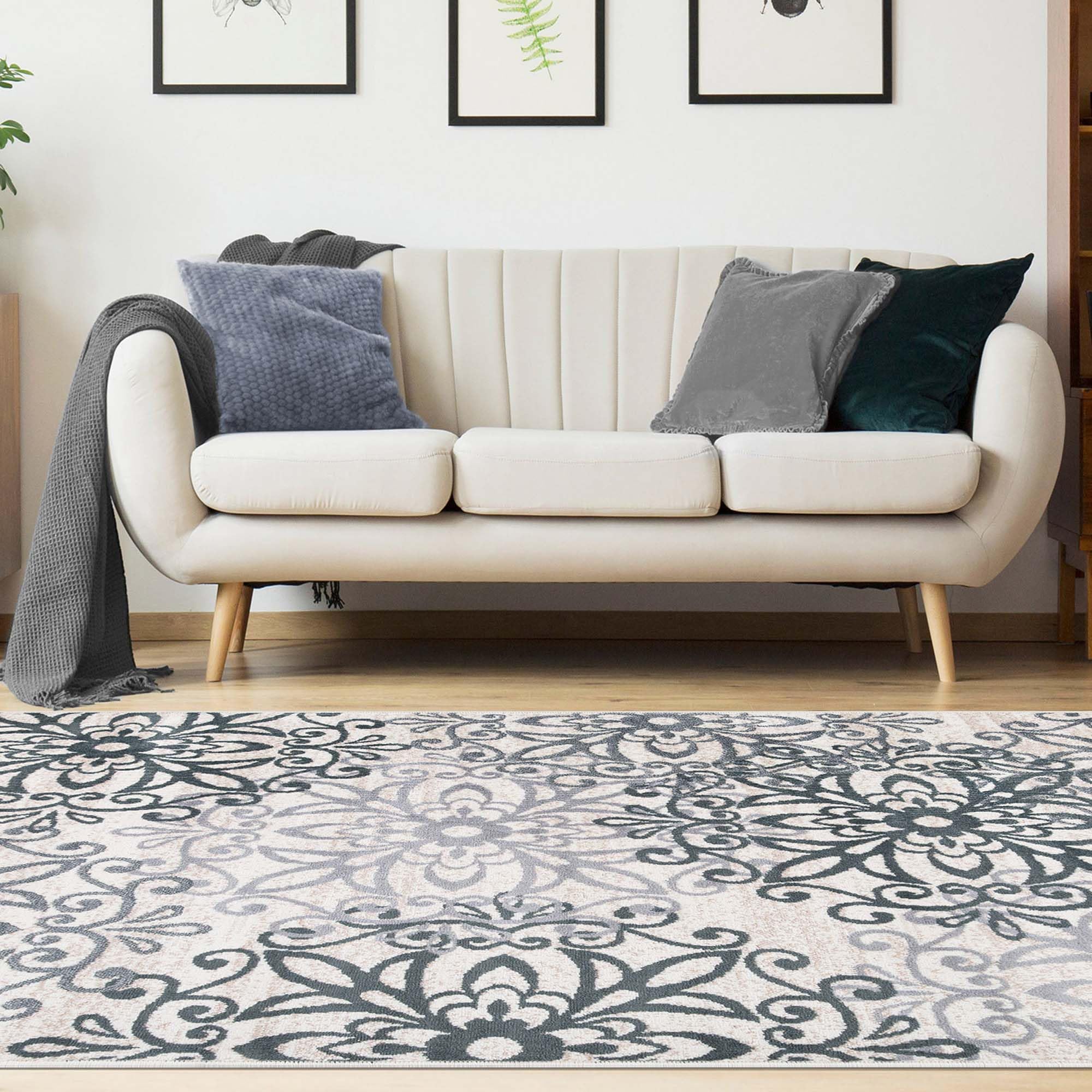 BNM Modern Floral Medallion Area Rug 5' x 8' - Soft Jute Backing Non-Slip Living Room Rug for Hardwood Floors, Bedroom, Entryway, Dorm, Office & Kitchen - Leigh Collection in Oatmeal | Perfect for Home Decor, Cozy Spaces & High Traffic Areas