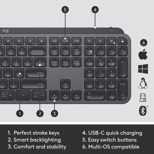 Logitech MX Keys Combo for Business Gen 2 - Full Size Wireless Keyboard & Mouse Set with Palm Rest | Bluetooth & Logi Bolt Connectivity | Silent Clicks | Compatible with Windows, Mac, Chrome & Linux (Graphite) | Perfect for Office Work, Remote Jobs & Professional Typing
