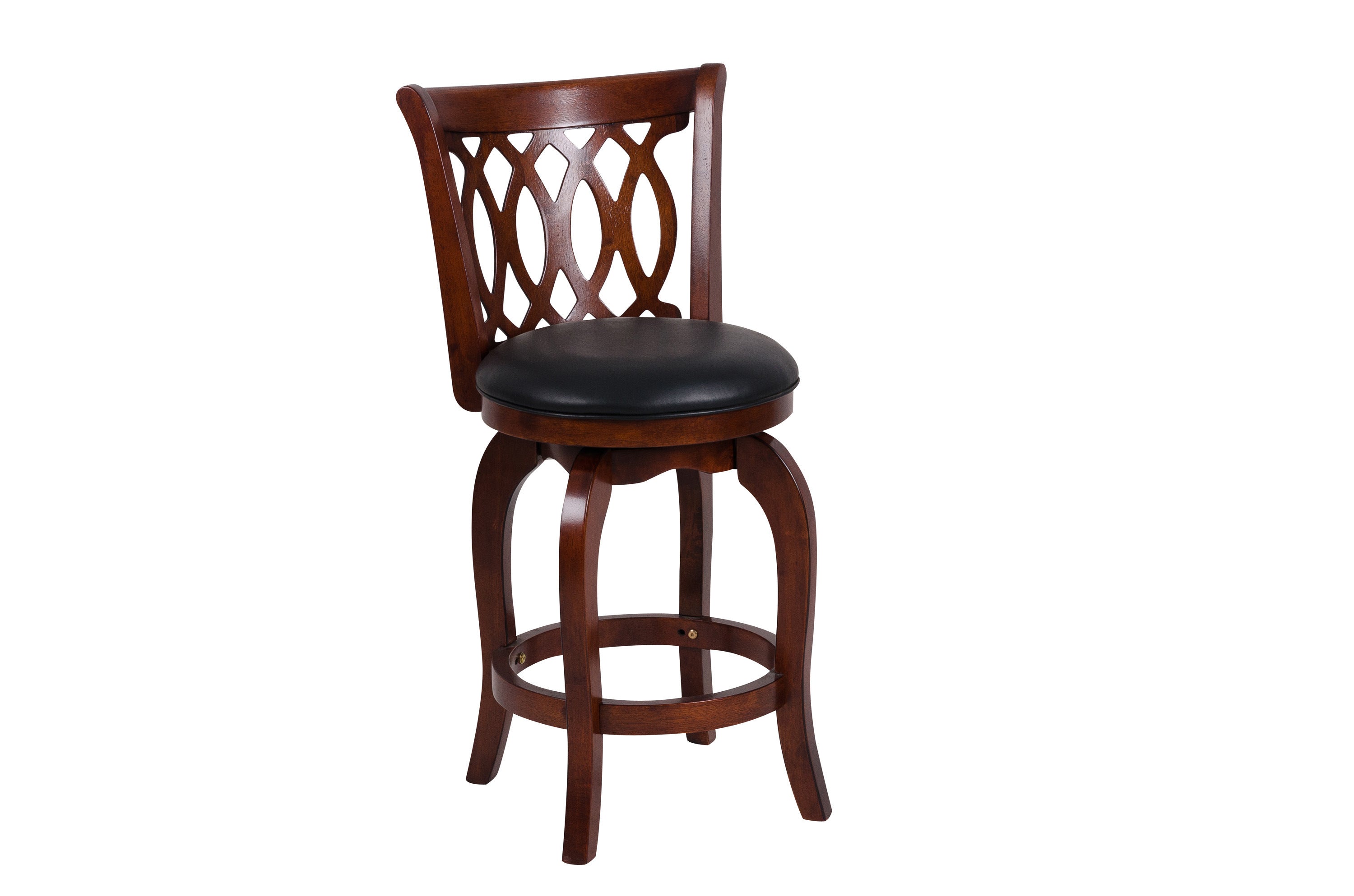 Dark Cherry Faux Leather Swivel Bar Stool - Solid Wood Counter Height Chair with Comfortable Back Design - Perfect for Kitchen Islands, Home Bars & Dining Rooms