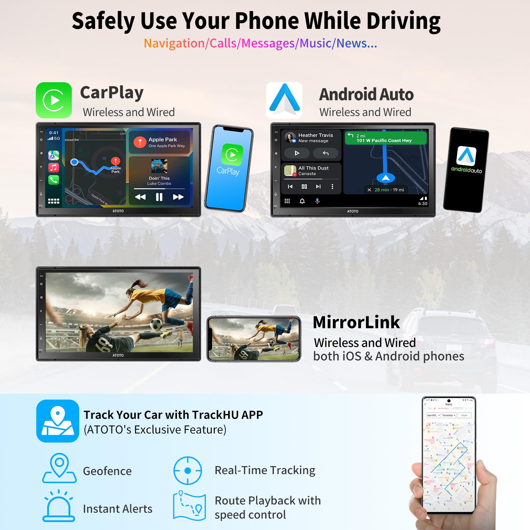 ATOTO A6 7-Inch Double DIN Android Car Stereo with 1280x720 QLED Touchscreen - Wireless Apple CarPlay & Android Auto - 4GB RAM + 64GB Storage - Dual Bluetooth, MirrorLink, GPS, WiFi/BT/USB Tethering (A6G2C7PP) - Perfect for Road Trips & Daily Commuting