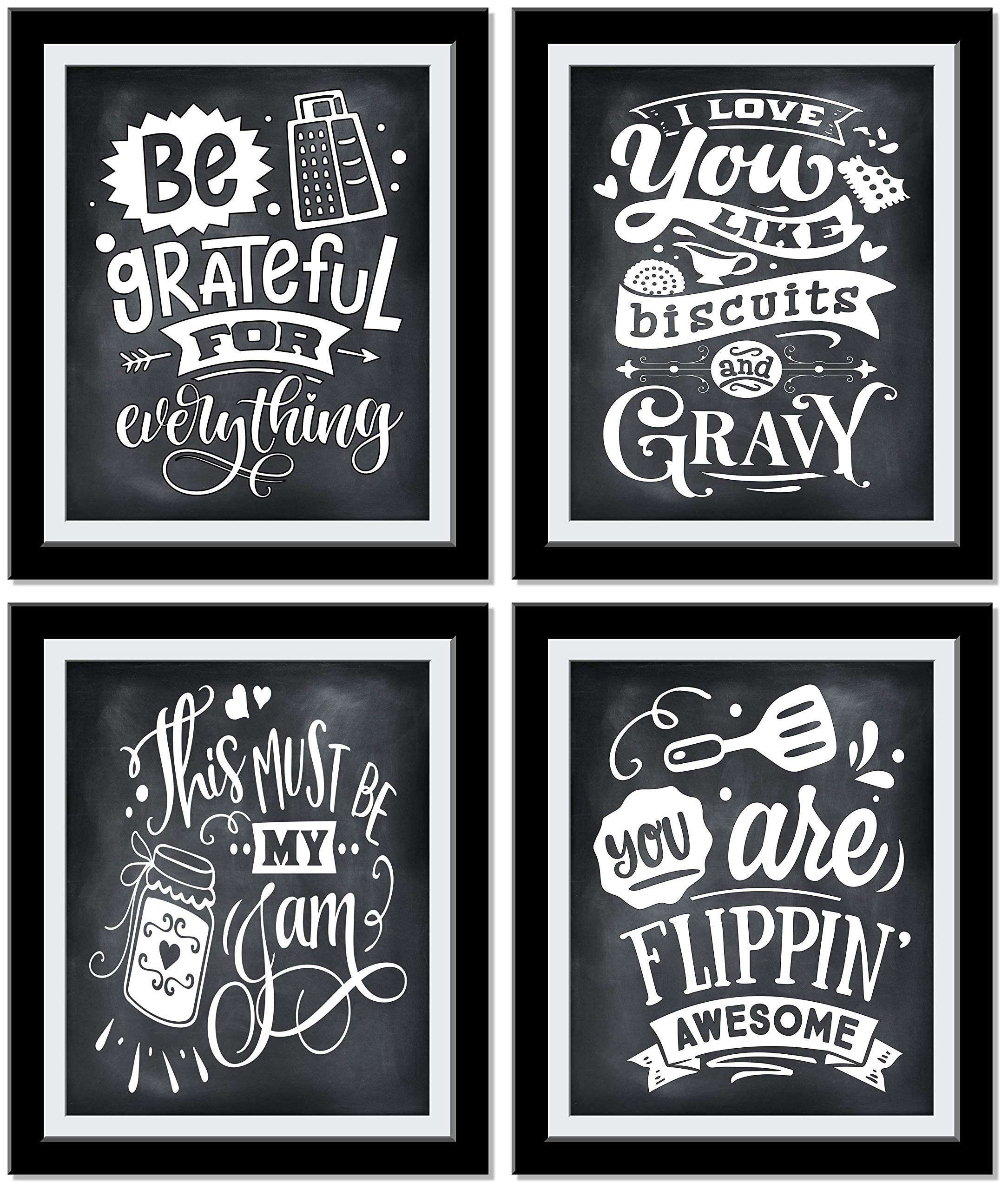 Funny Kitchen Signs Set of 4 - Motivational Wall Decor for Kitchen with Inspirational Quotes (Be Grateful, Flippin Awesome, Love is my Jam) - 8x10 Unframed Prints - Perfect for Home Decor, Housewarming Gifts & Kitchen Wall Art