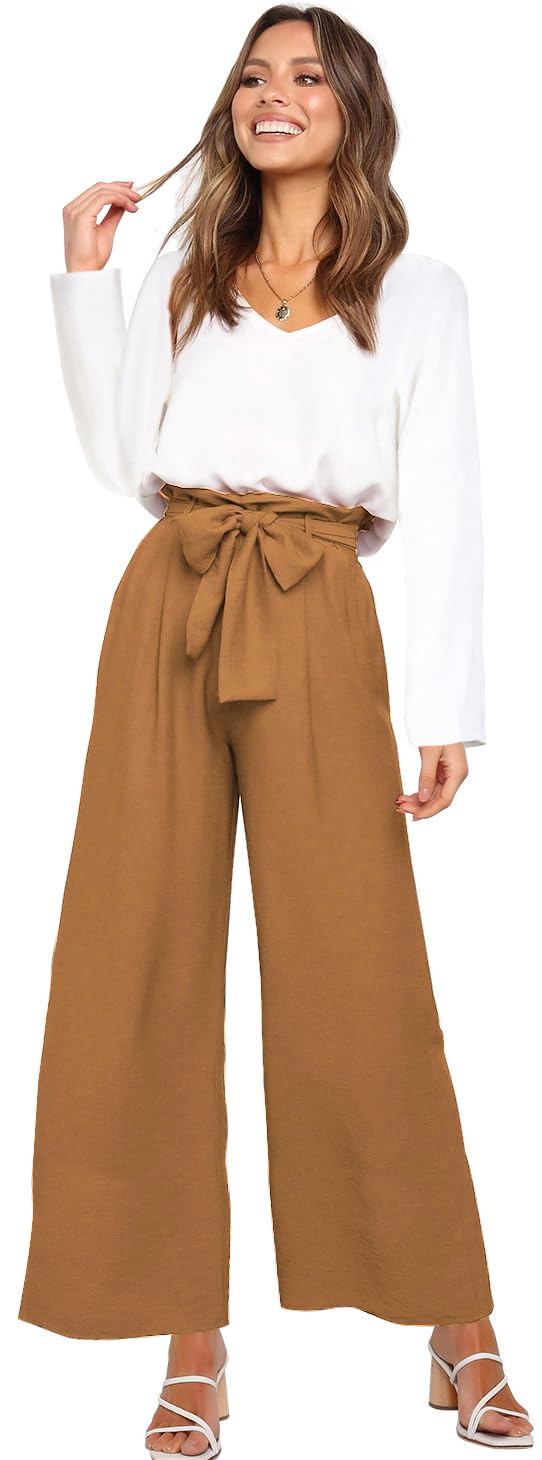 FANCYINN Women's 2-Piece Outfit Set - V-Neck Long Sleeve Blouse & High Waisted Paper Bag Pants with Belt | Casual Office Wear & Spring Outfits for Women