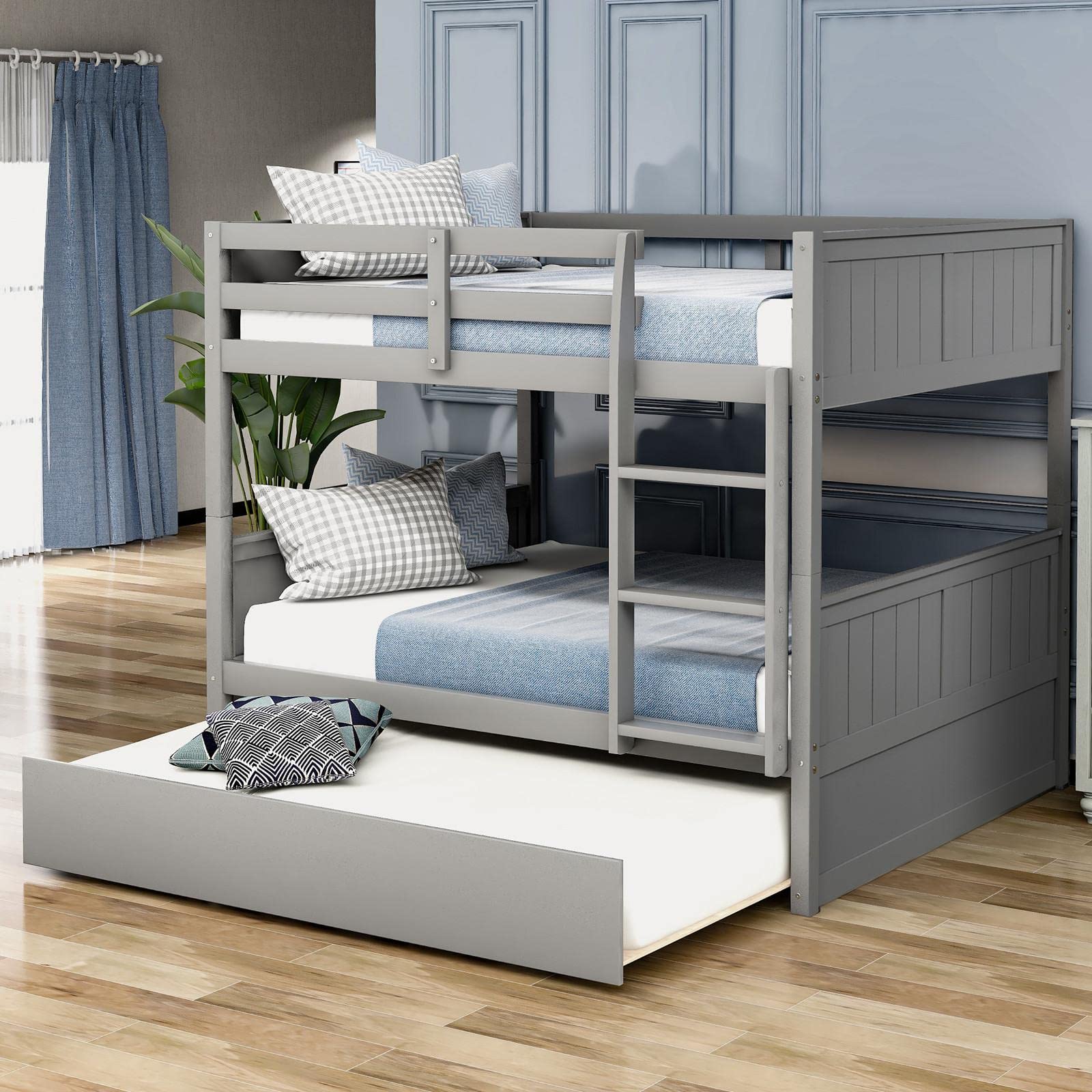 Full Over Full Bunk Bed with Trundle - Convertible Pine Wood Bunk Beds for Kids & Adults - Space-Saving for Small Rooms